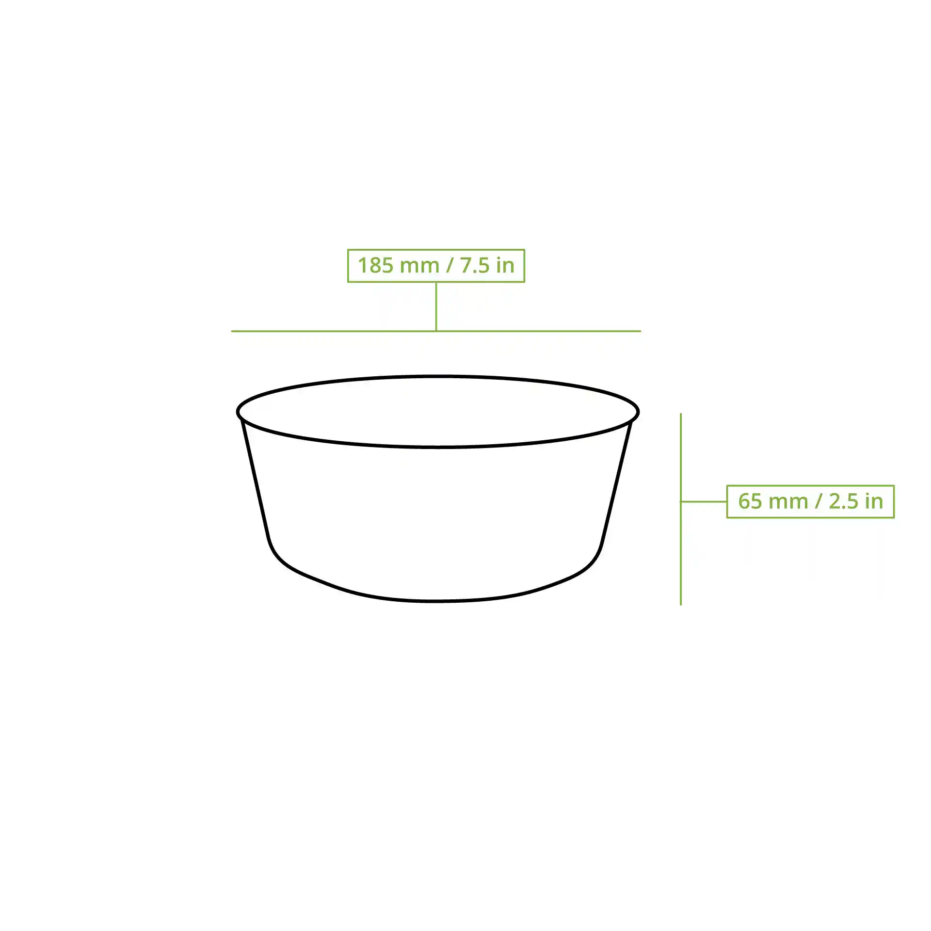 Schematische tekening van een ronde kartonnen kom met een diameter van 185 mm en een hoogte van 65 mm.
