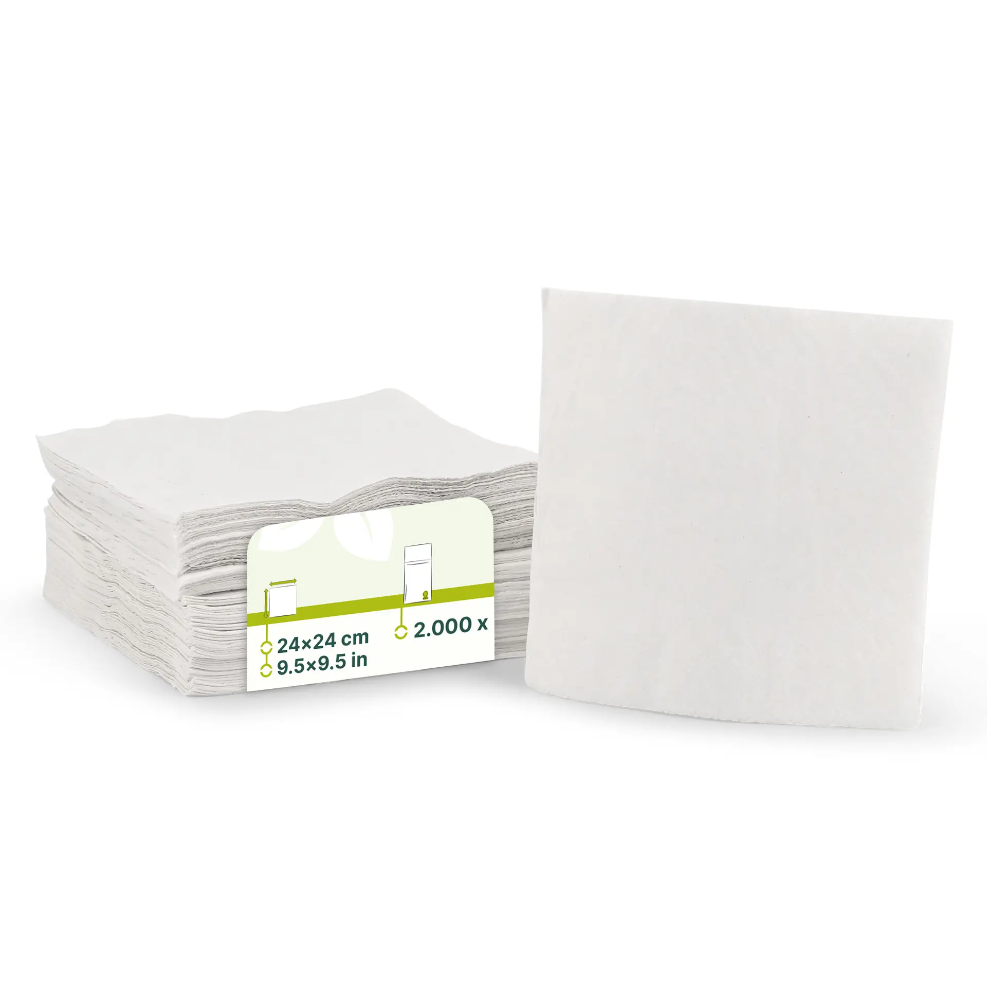 Stapel witte 2-laags cocktailservetten, 24 x 24 cm, met een label met productdetails en een symbool voor gerecycled materiaal.