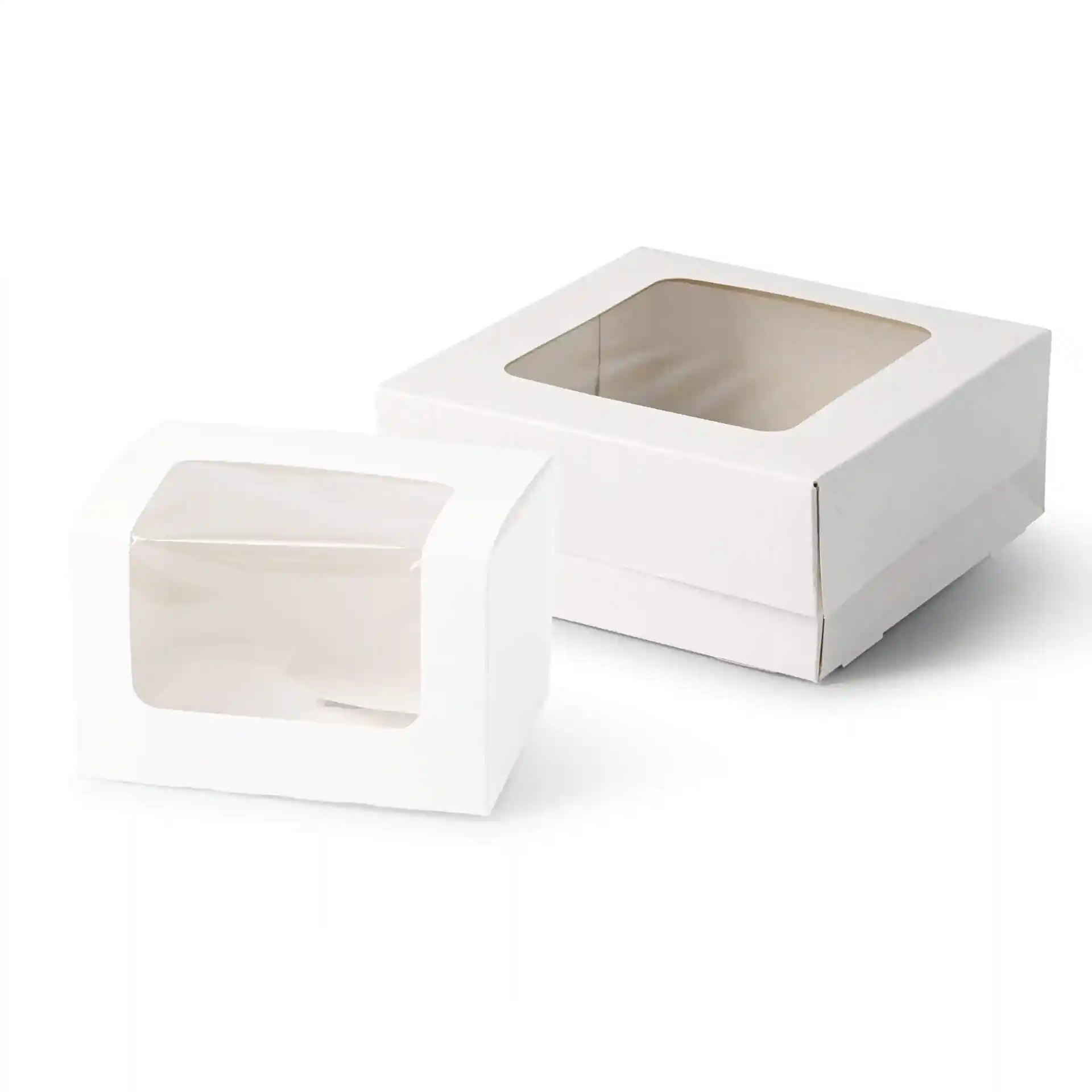 Witte kartonnen taartdozen met een cellulose venster, één vierkante doos en één kleinere rechthoekige doos.