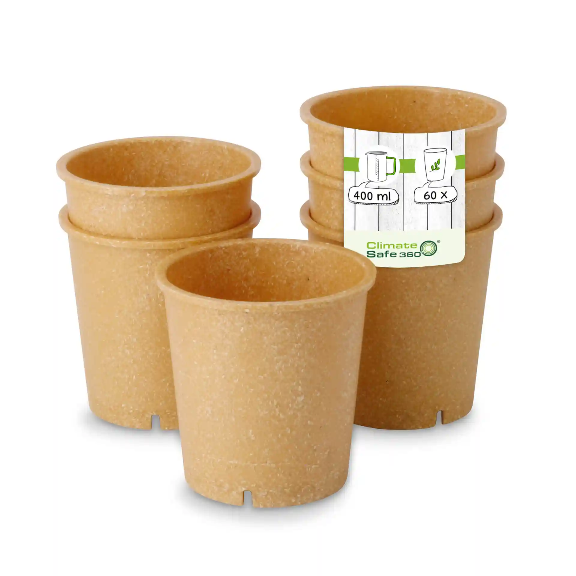 Set van vier herbruikbare karamelbruine bekers, 400 ml capaciteit, met een label met afmetingen en hoeveelheid.