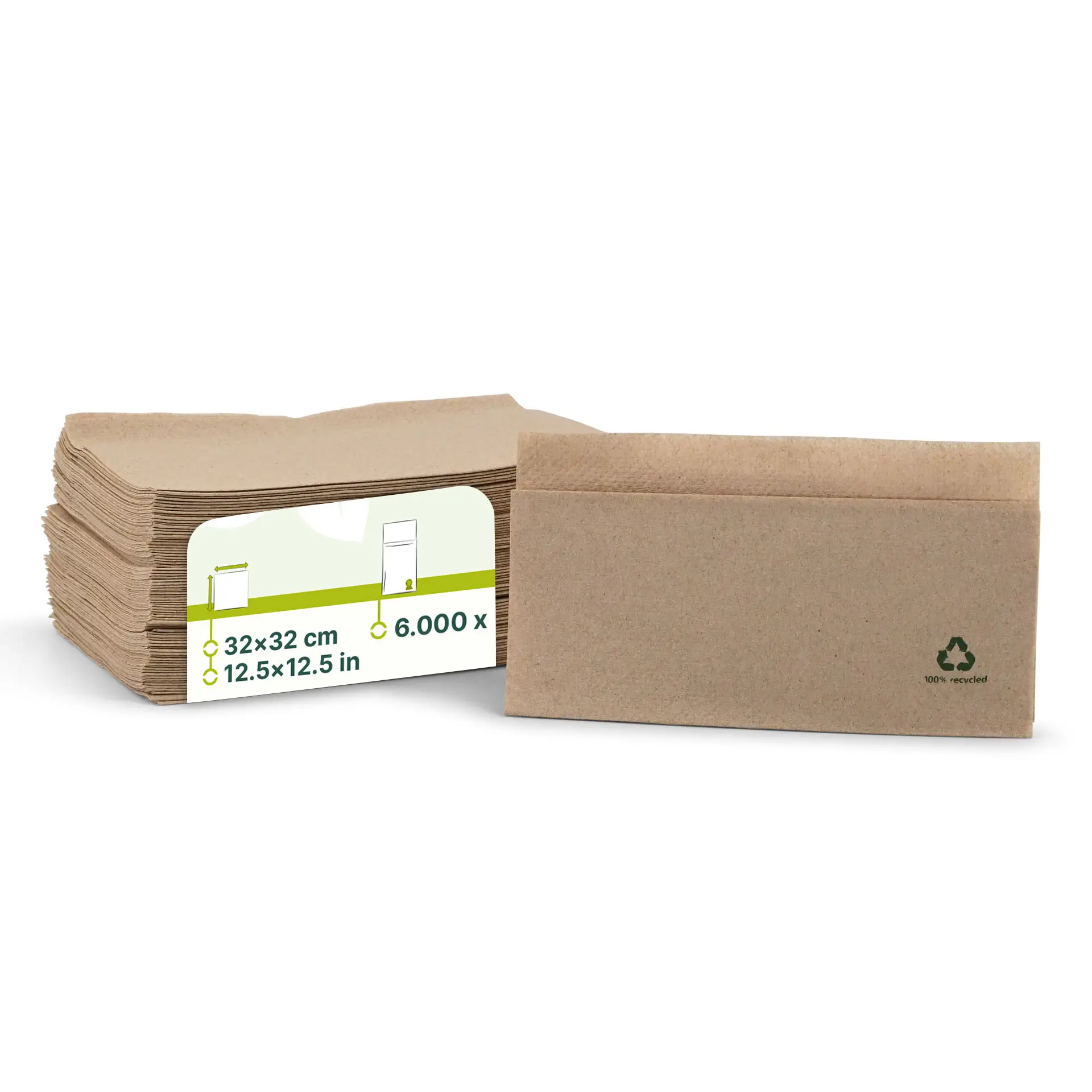 Stapeltje ongebleekte papieren servetten, 32 x 32 cm, met een label met productdetails en een recycling symbool.