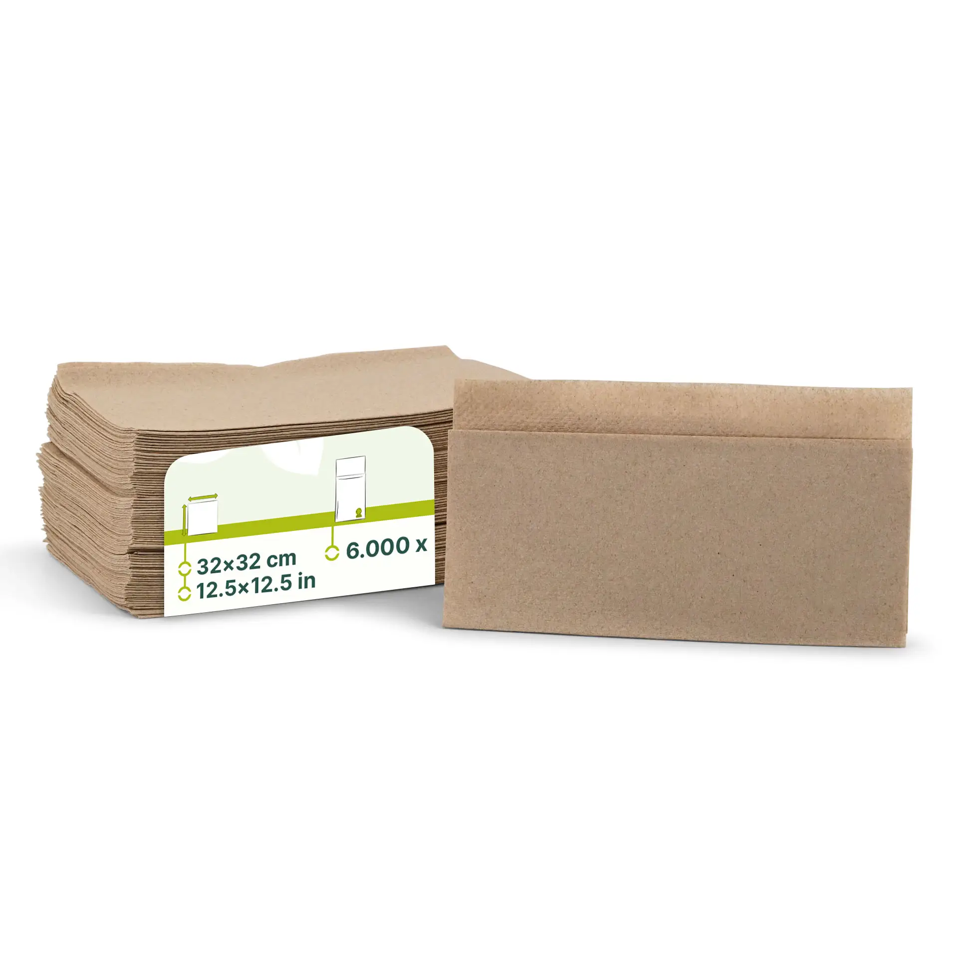 Stapeltje ongebleekte papieren servetten, 32 x 32 cm, met een label met productdetails en een recycling-symbool.