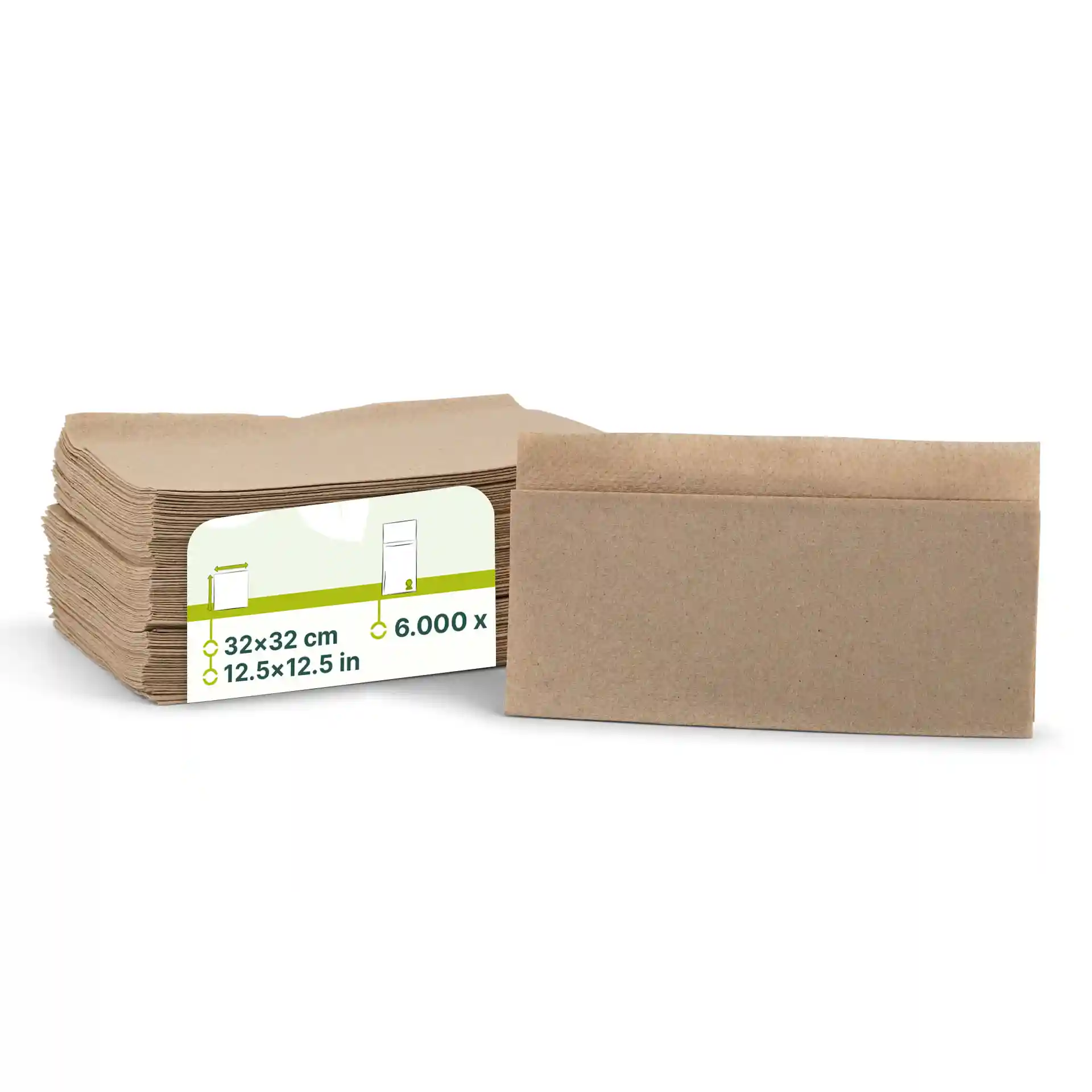 Stapeltje ongebleekte papieren servetten, 32 x 32 cm, met een label met productdetails en een recycling-symbool.