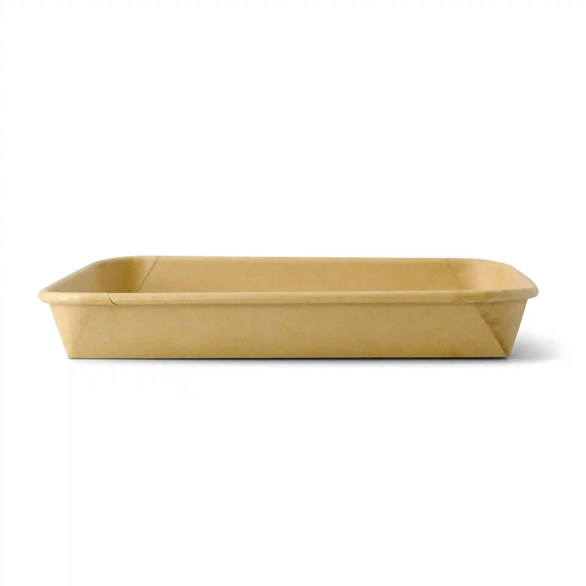 Bruine sushi-doos in rechthoekige vorm, 18,5 x 13 x 2,5 cm, met afgeronde hoeken.