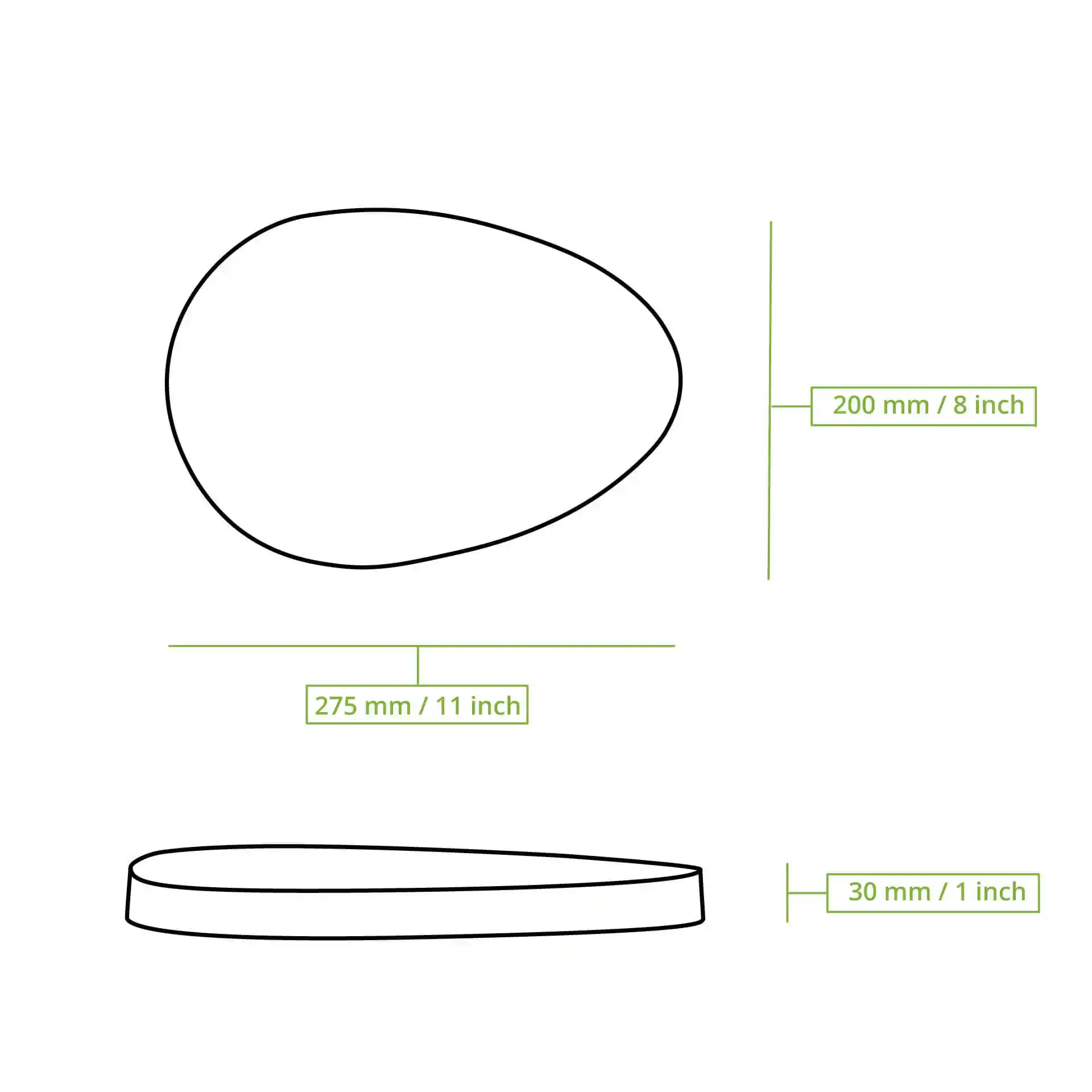 Schematische tekening van een ovale herbruikbare deksel met afmetingen van 275 mm bij 200 mm en een hoogte van 30 mm.