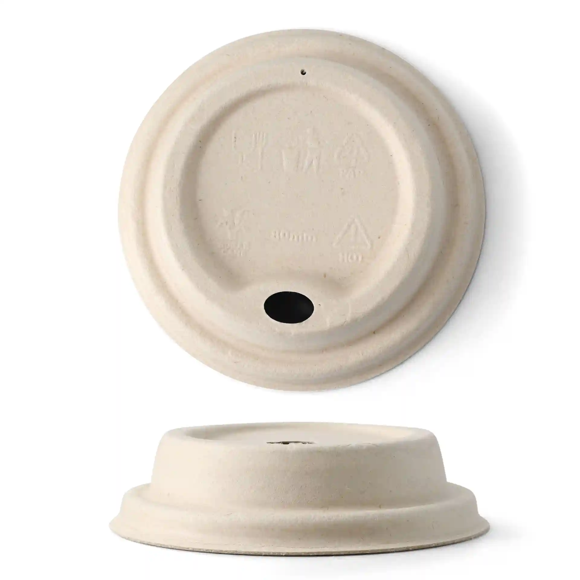 Bruine suikerrietdeksel voor bekers, 80 mm diameter, met een gat en een hoogte van 22 mm.