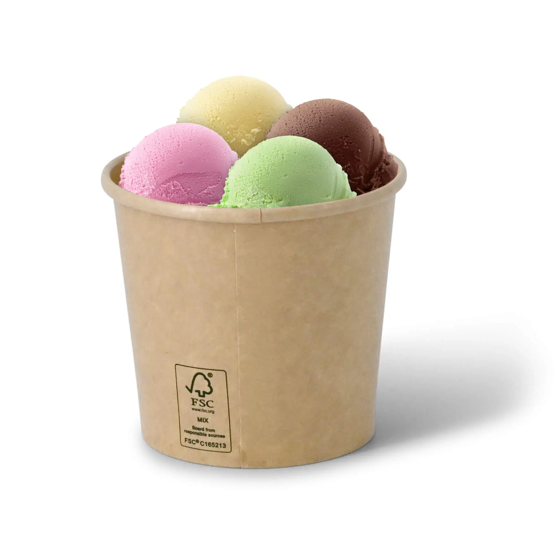 Vier bollen ijs in verschillende kleuren (roze, geel, groen, bruin) in een 12 oz bruin papieren bekertje met FSC-certificering.