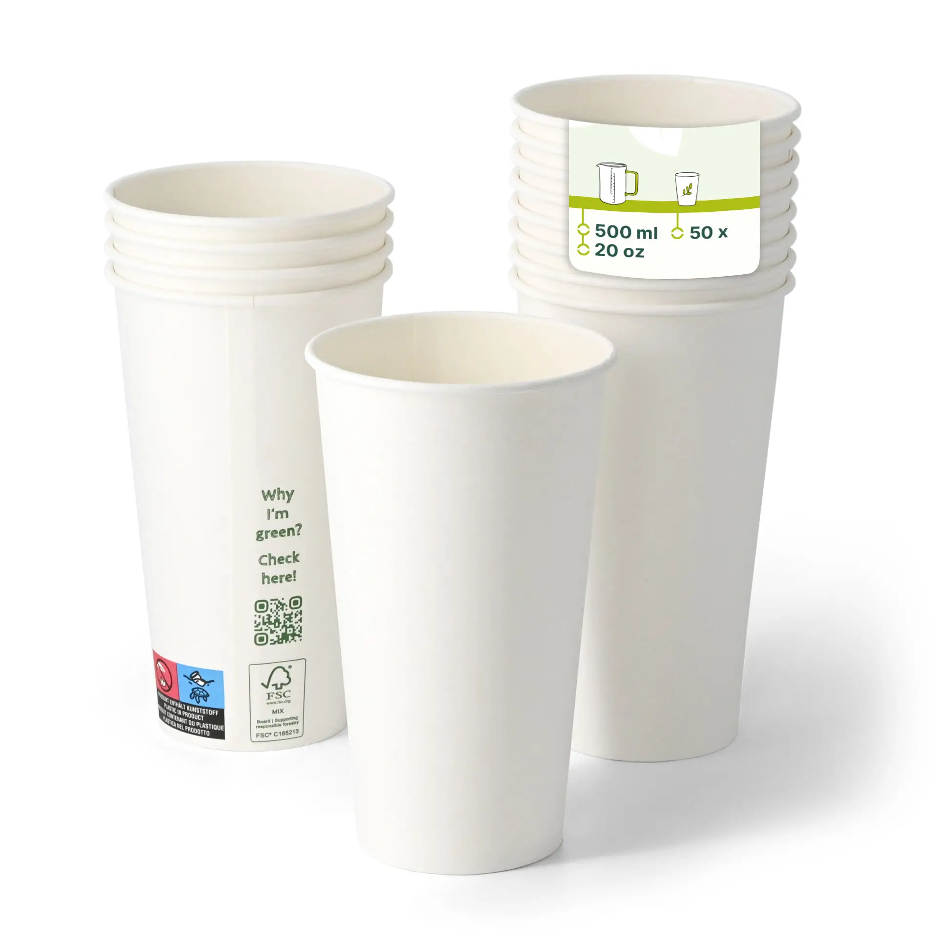 Witte papieren bekers met PLA-coating, geschikt voor warme en koude dranken, stapelbaar, met een capaciteit van 500 ml.