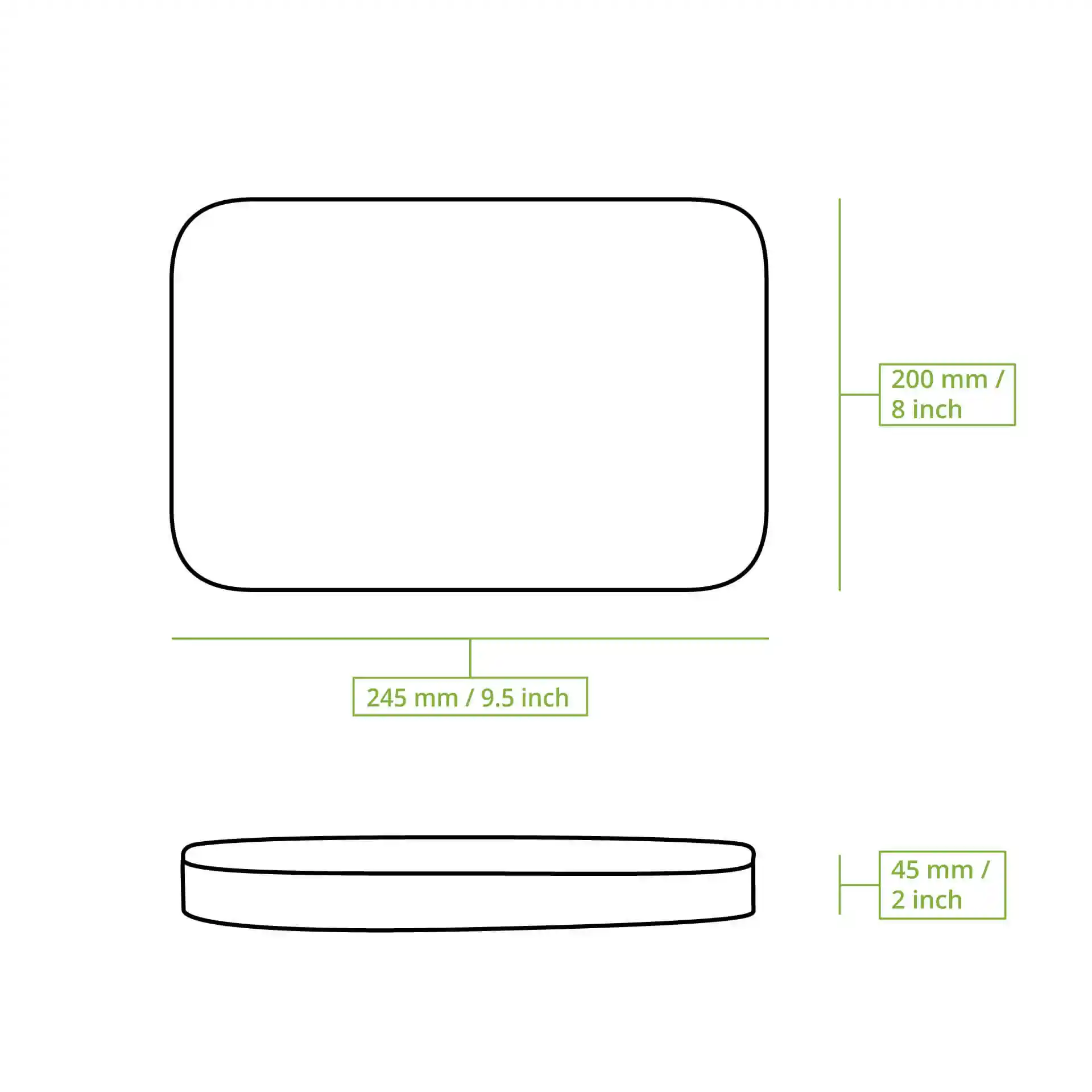 Schematische tekening van een rechthoekige container met afmetingen 245 mm bij 200 mm en een hoogte van 45 mm.