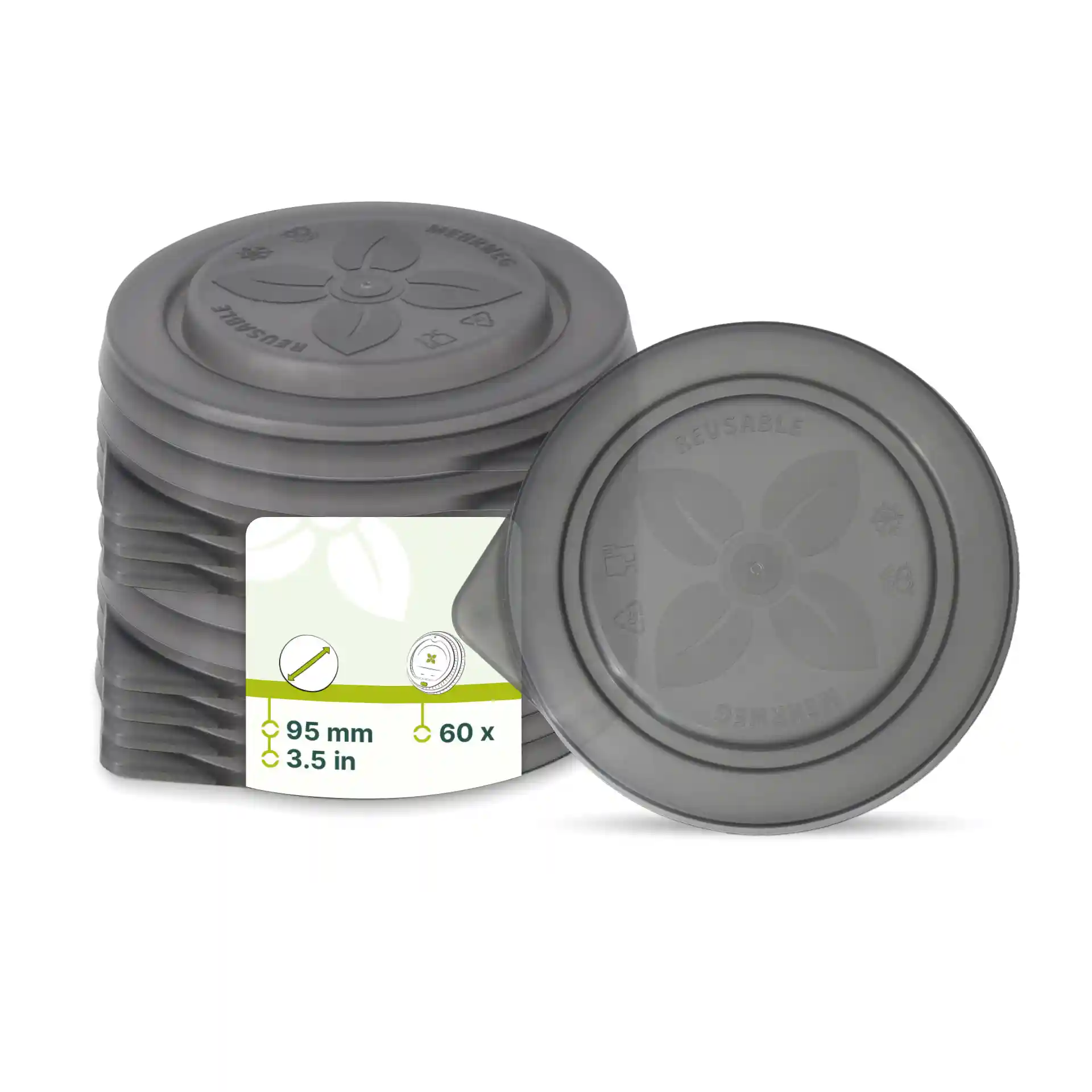 Stapeltje grijze herbruikbare deksels met een diameter van 95 mm, met één deksel op de zijkant en een label met details.