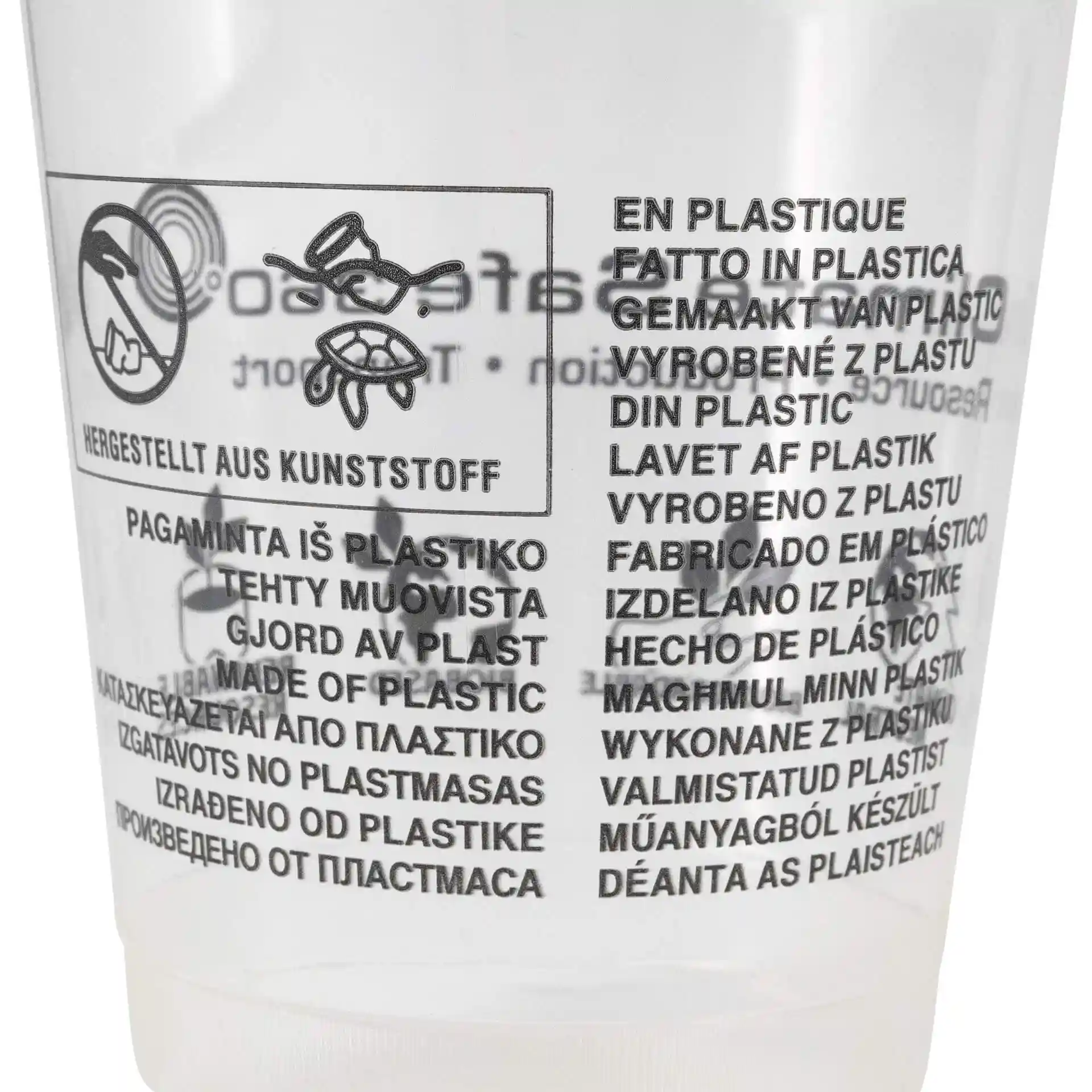 Transparante beker met bedrukte meertalige labels en symbolen, gemaakt van PLA, 16 oz capaciteit.