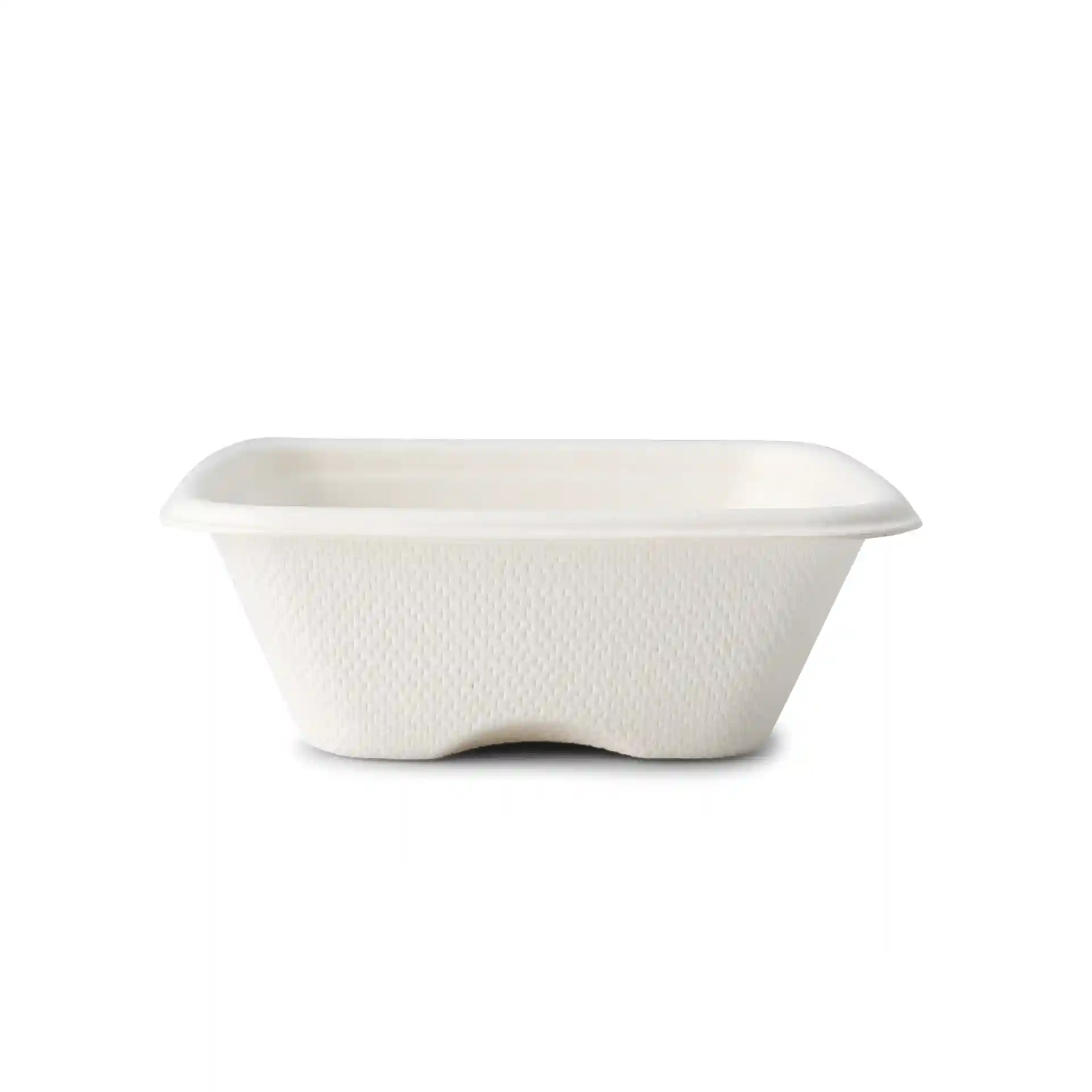 Vierkante witte bagasse portie beker, 70 ml, 81 x 81 x 27 mm, met een gestructureerd oppervlak.