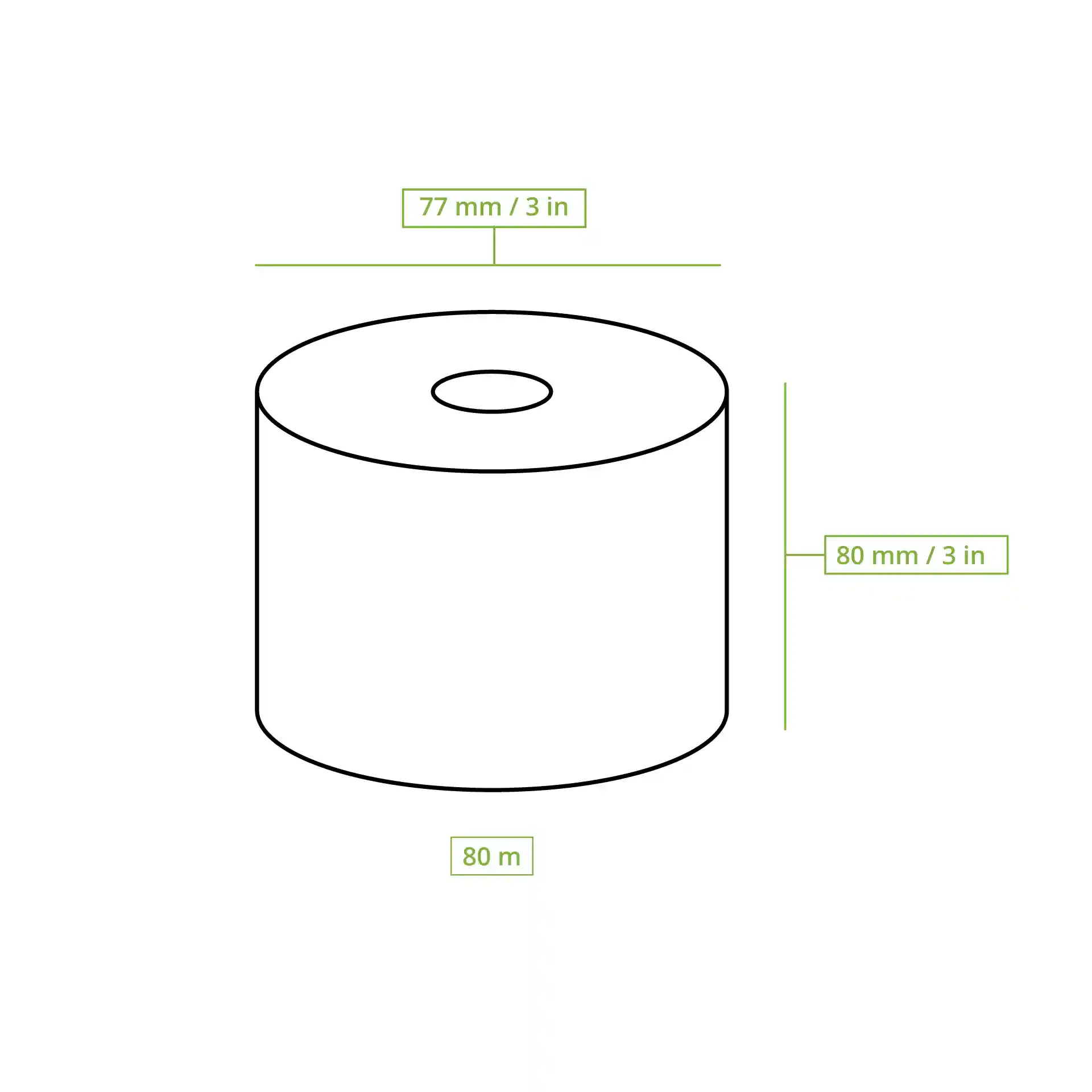 Schematische tekening van een thermopapierrol met een diameter van 77 mm, een hoogte van 80 mm en een lengte van 80 m.