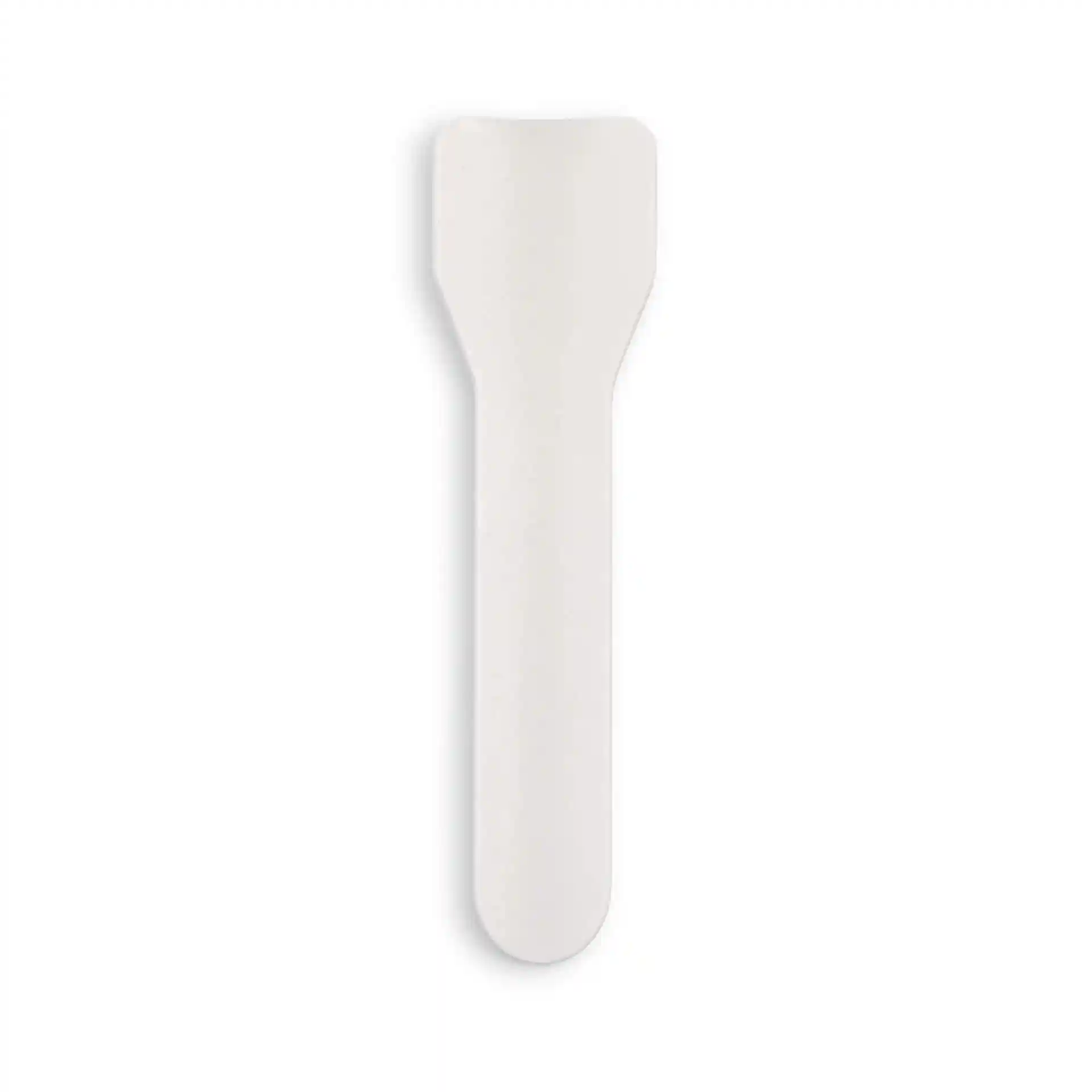 Witte papieren ijslepel, 9,5 cm lang, met een platte punt en een taps toelopende handgreep.
