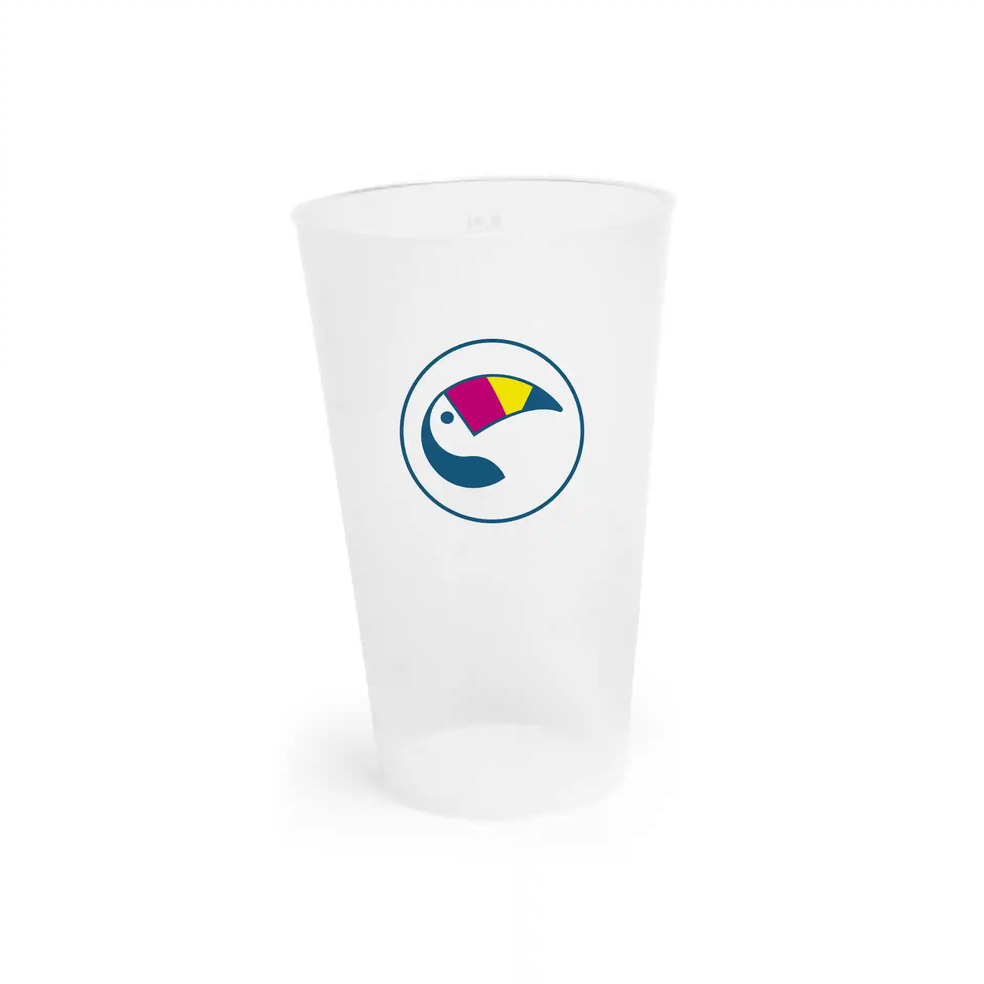 Duidelijke herbruikbare beker met ronde vorm en een logo met een vogelontwerp. Inhoud van 400 ml.