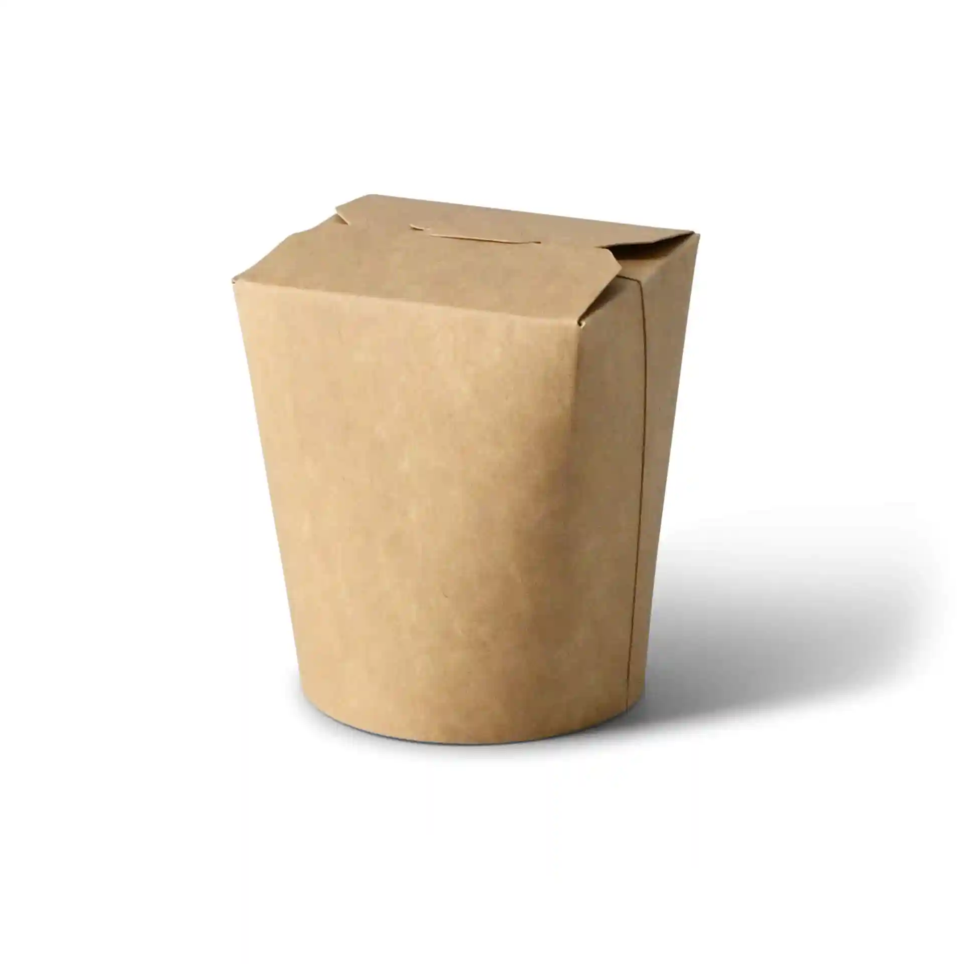 Bruine kartonnen noedelbox met een ronde vorm, flapverpakking, inhoud van 400 ml.