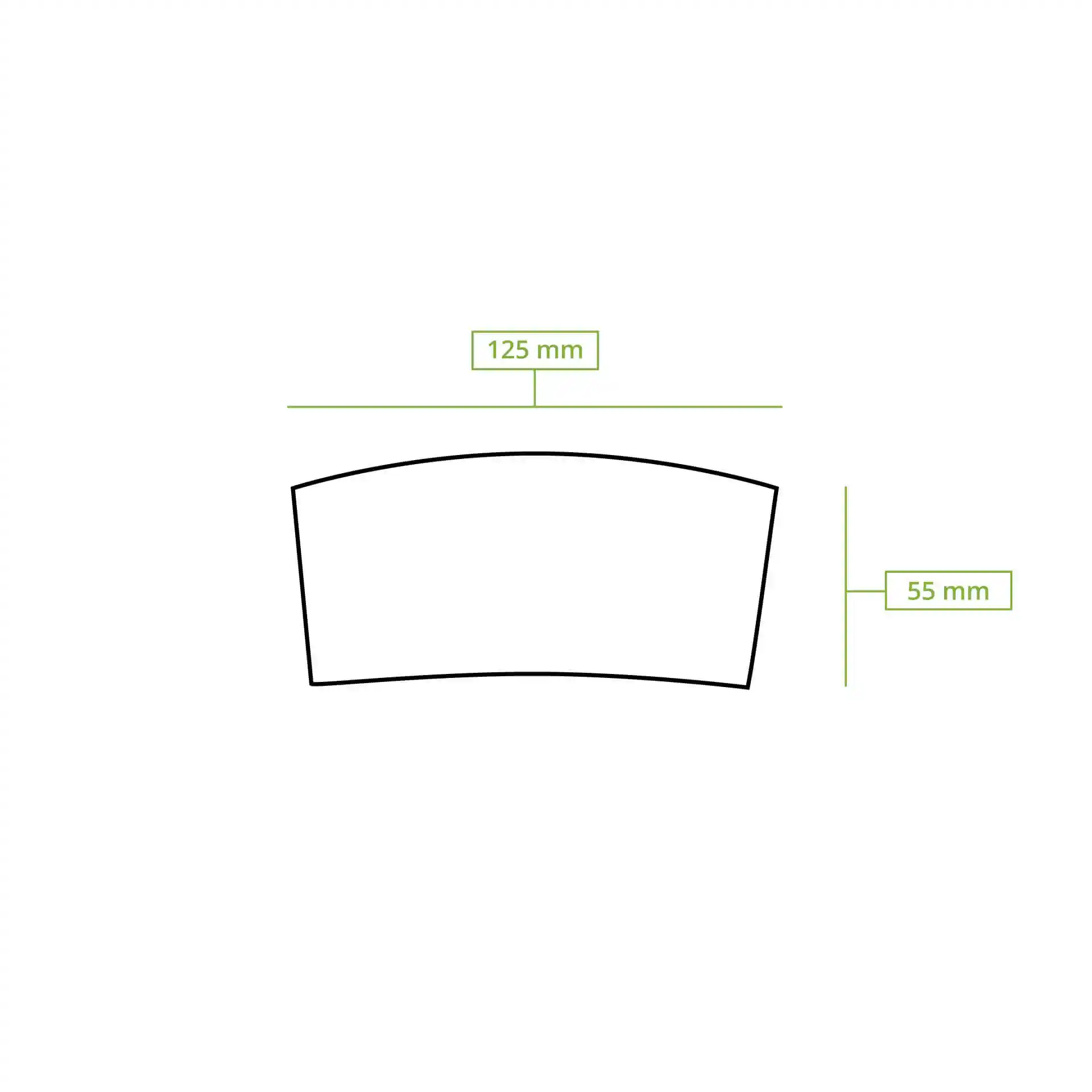 Schematische tekening van een bekerhuls met afmetingen van 125 mm breed en 55 mm hoog.
