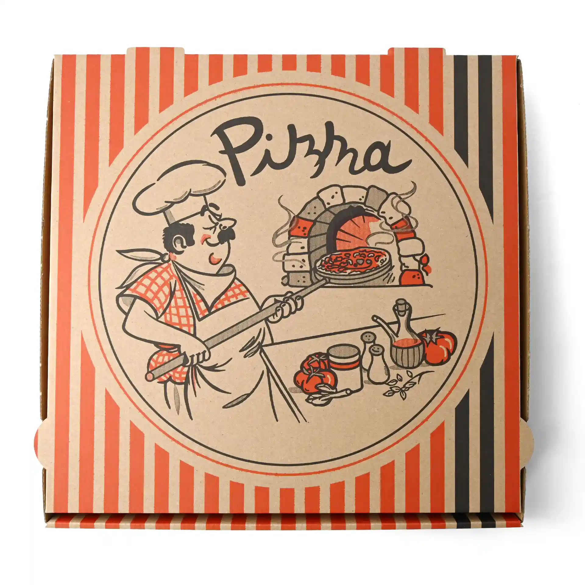 Pizzadoos met een pizzakok ontwerp, bruine kleur, afmetingen 32 x 32 x 4 cm.