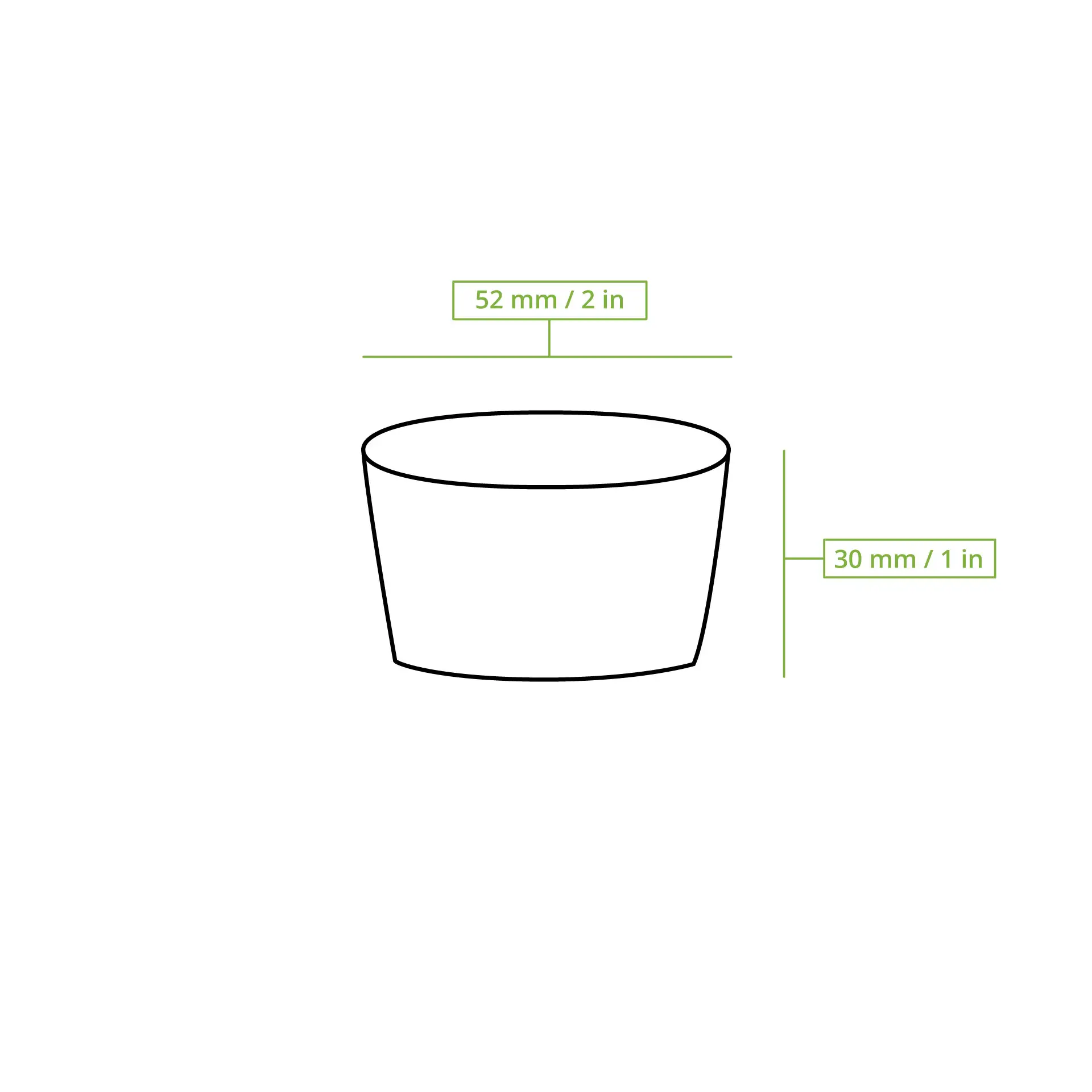 Schematische tekening van een taps toelopende papieren beker met maatlijnen; hoogte 30 mm en diameter 52 mm.