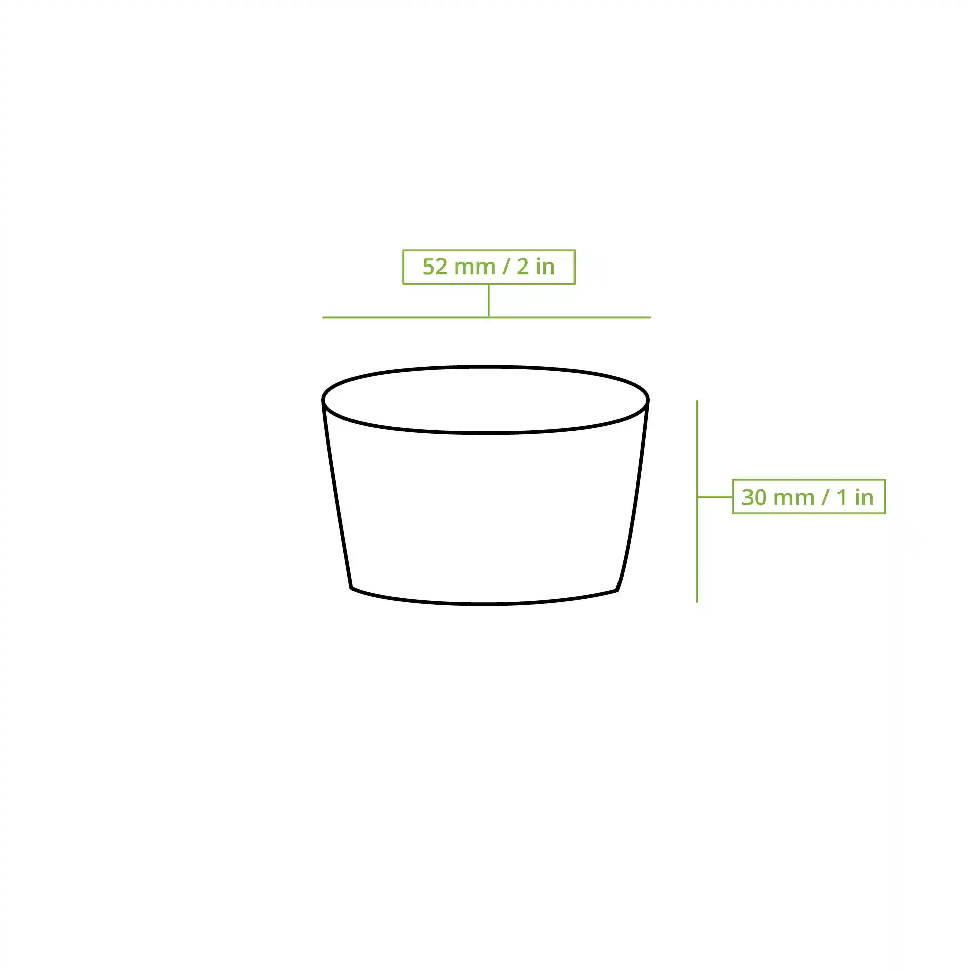 Schematische tekening van een beker met afmetingen, hoogte 30 mm en bovenste diameter 52 mm.