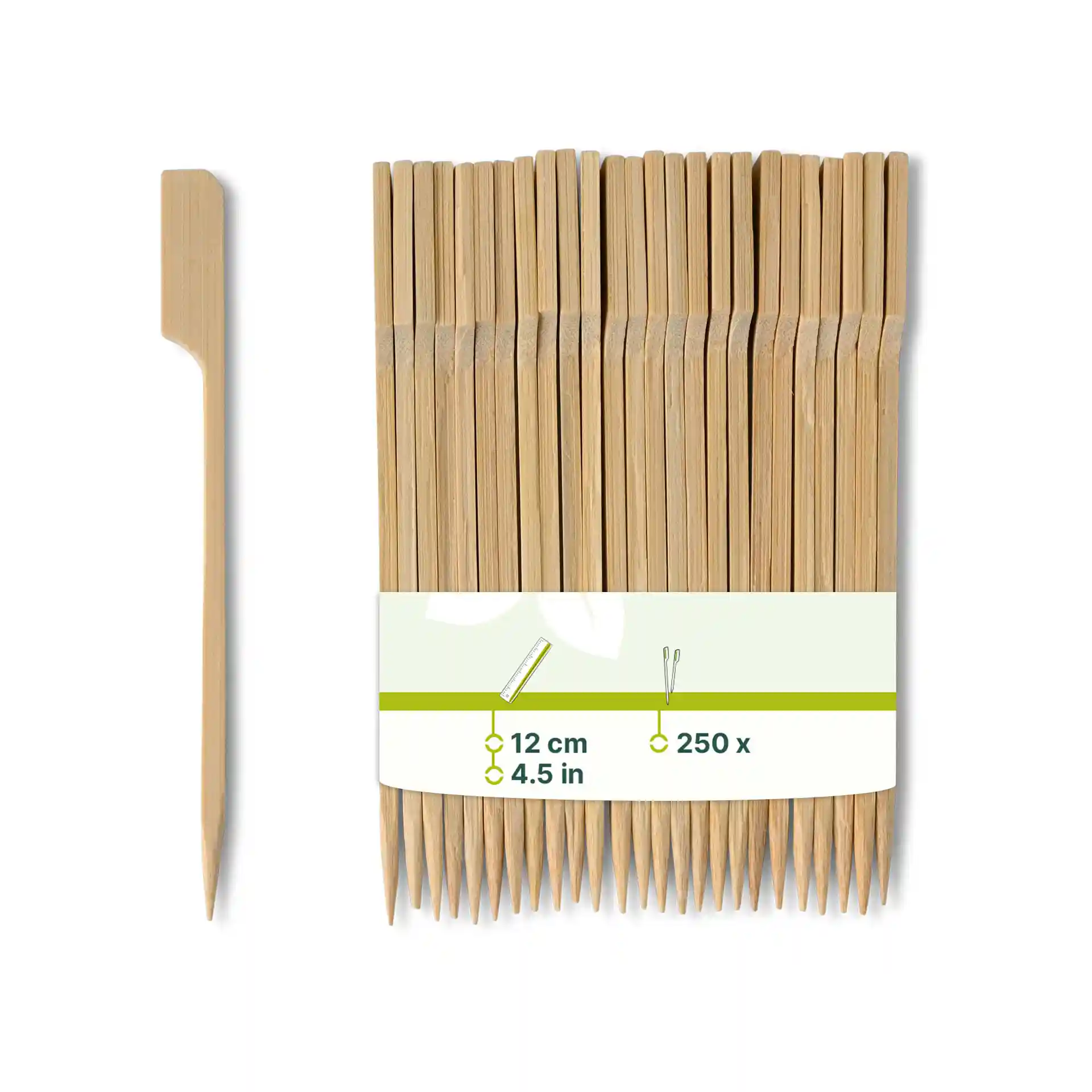 Bamboe prikspiesen, 12 cm lang, bruine kleur, met een label met productdetails en meerdere spiesen in een bundel.