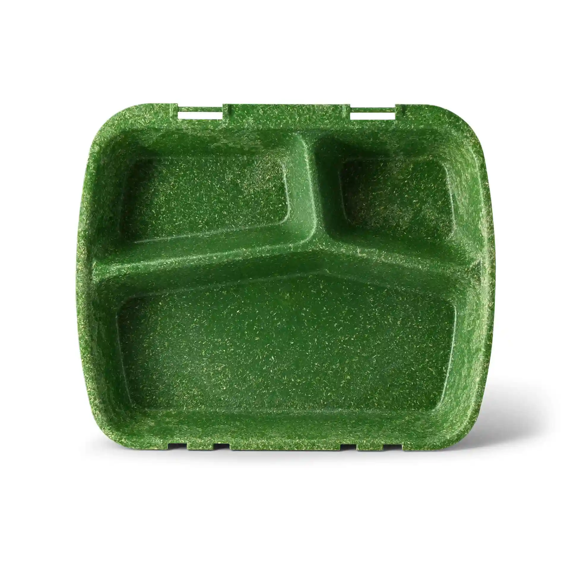 Herbruikbare maaltijdcontainer met drie compartimenten in spinaziegroen, 24,5 x 20 x 4,5 cm groot.