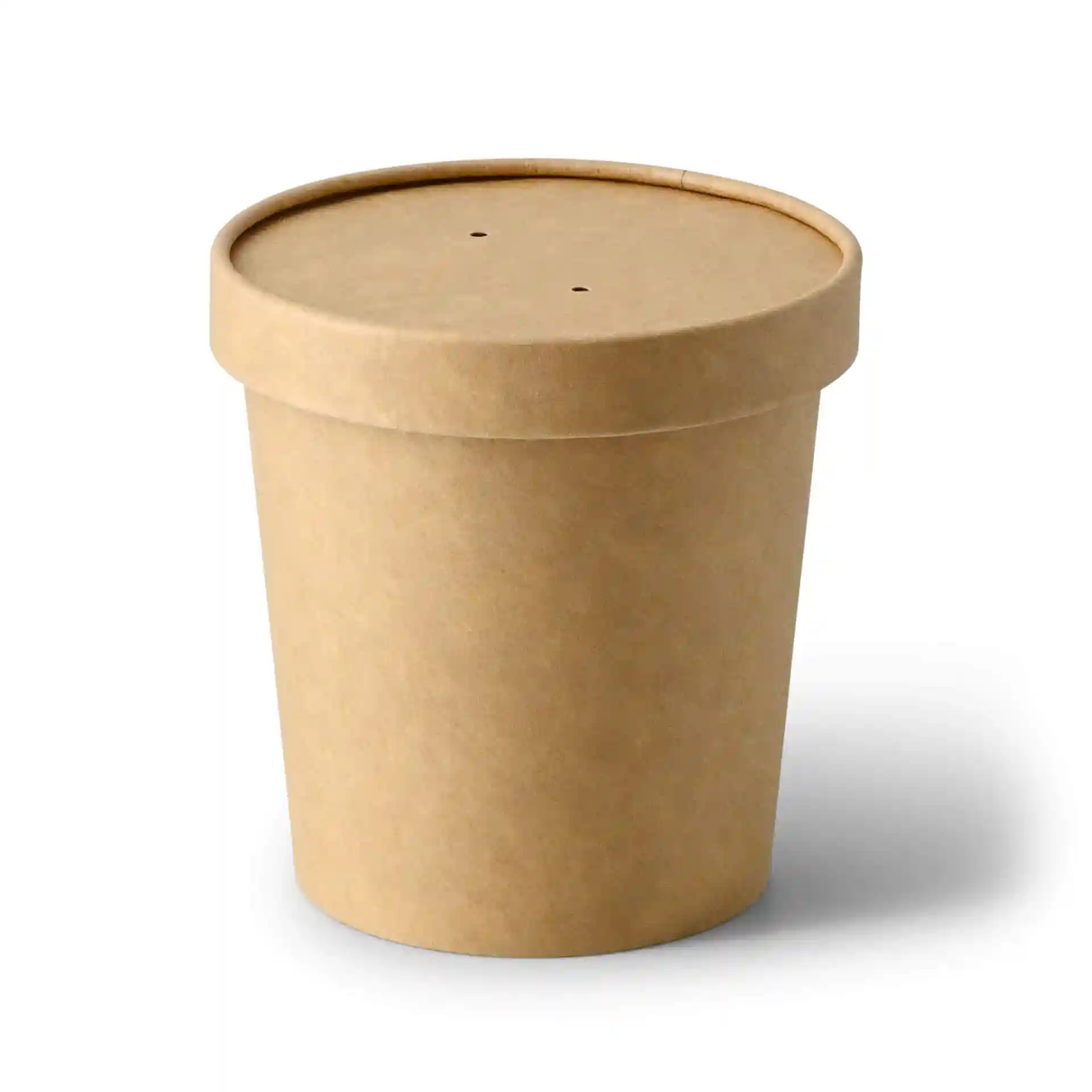 Bruine kartonnen takeaway-soepcontainer met een ronde vorm en een deksel, met twee kleine gaatjes bovenop.