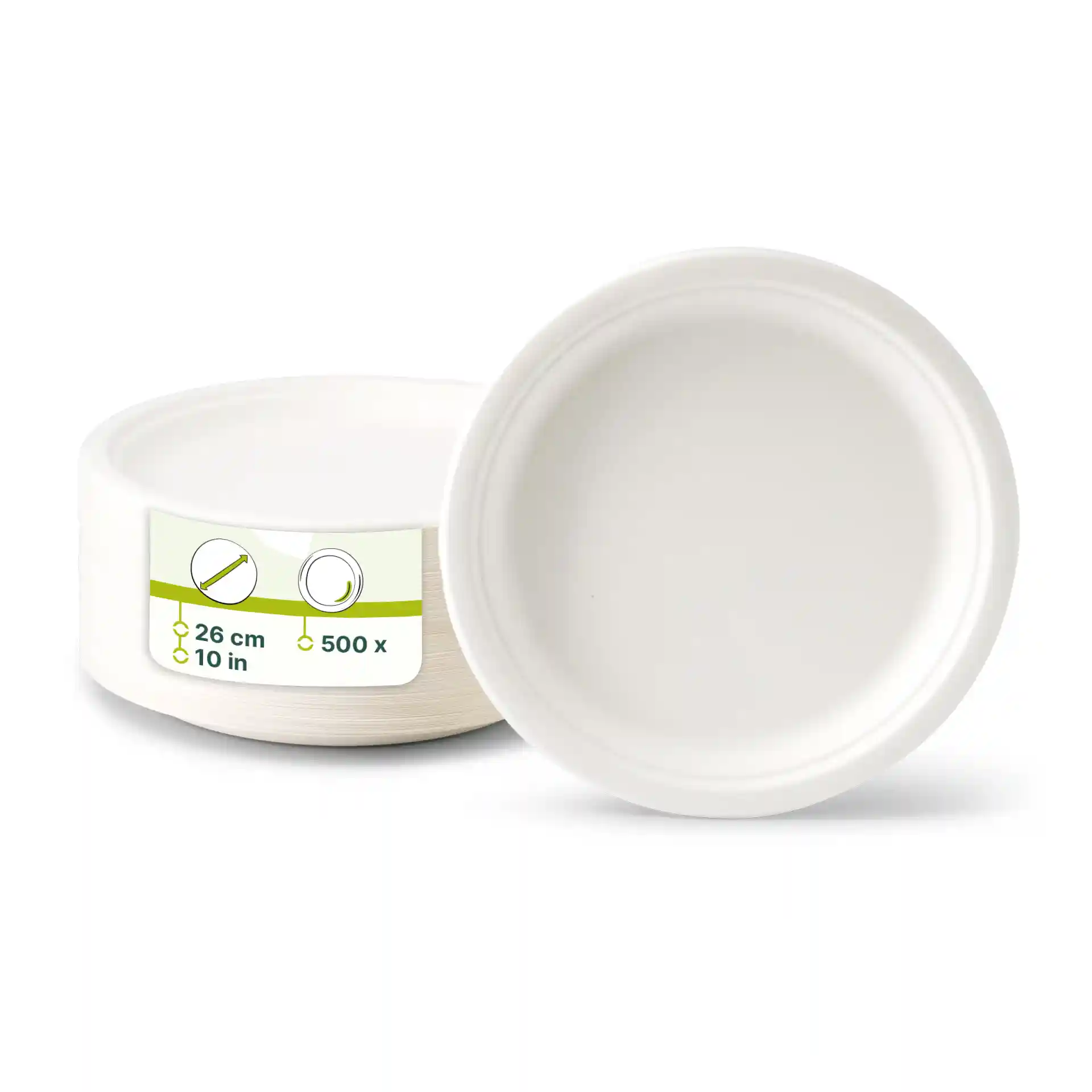 Rond wit suikerriet bord met een diameter van 26 cm, van boven en van de zijkant getoond, met een zichtbaar label.