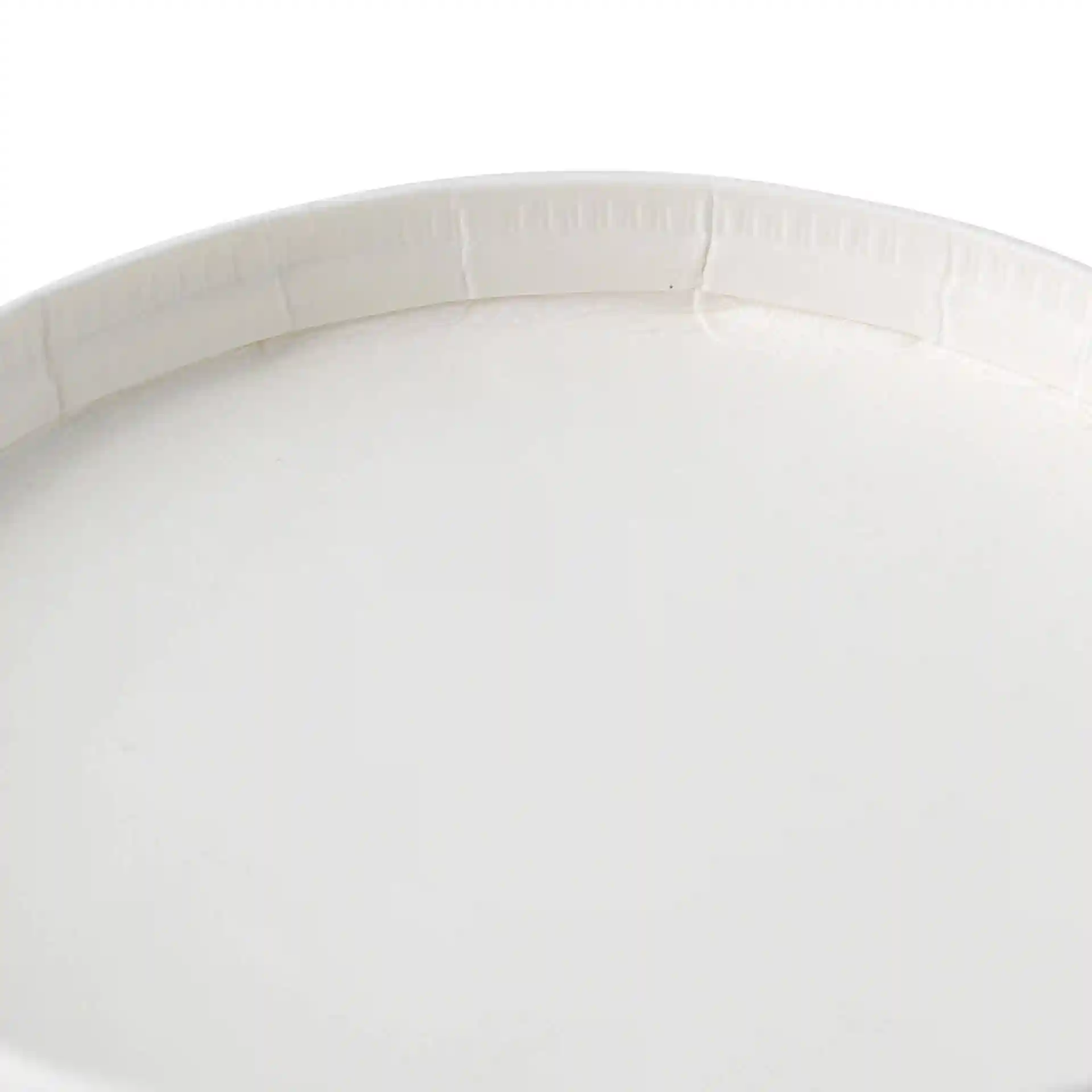 Close-up van een witte kartonnen deksel voor ijsbekers, met een ronde vorm en een gladde oppervlakte.