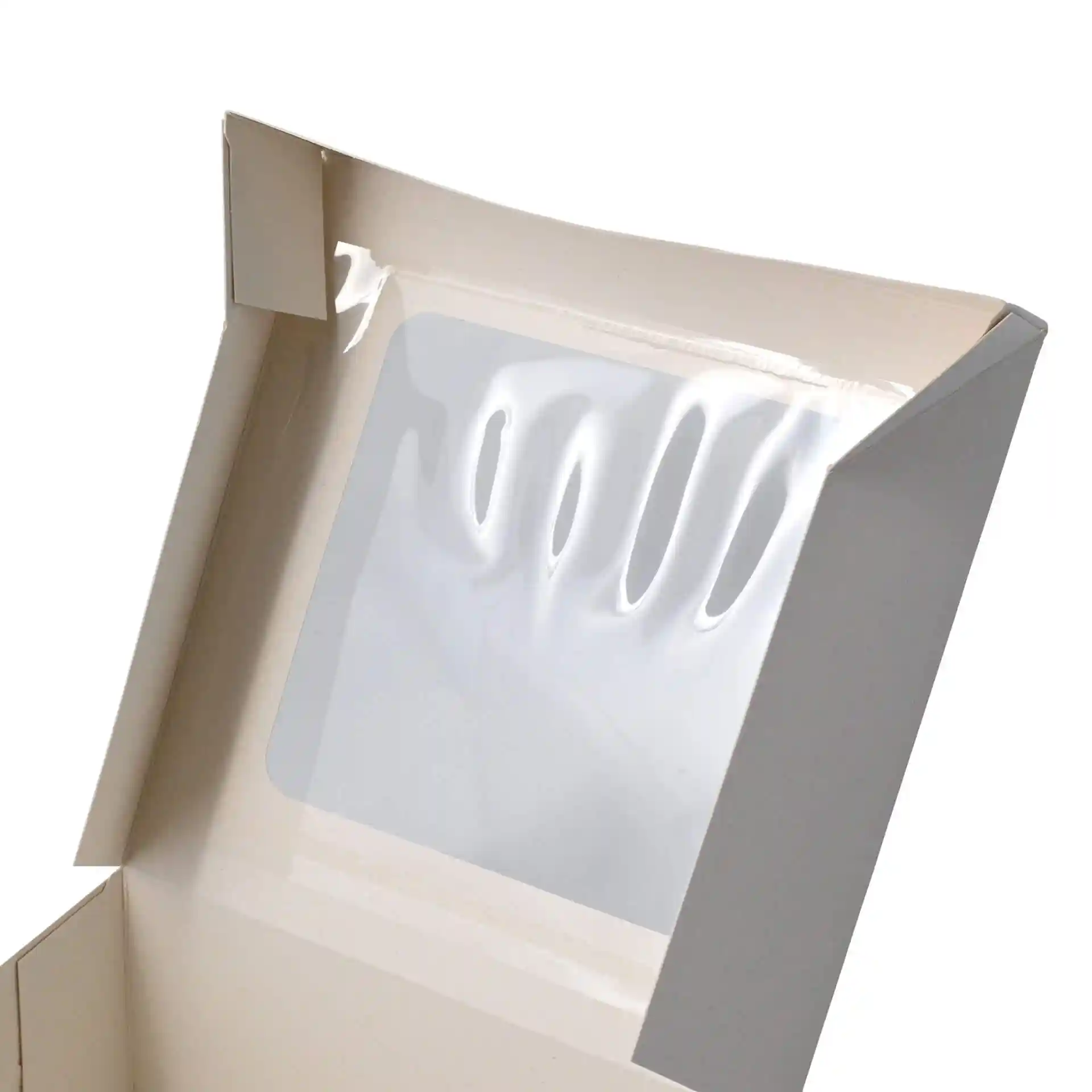 Witte kartonnen gebakdoos met cellulosevenster, vierkante vorm, afmetingen 18 x 18 x 7,5 cm.