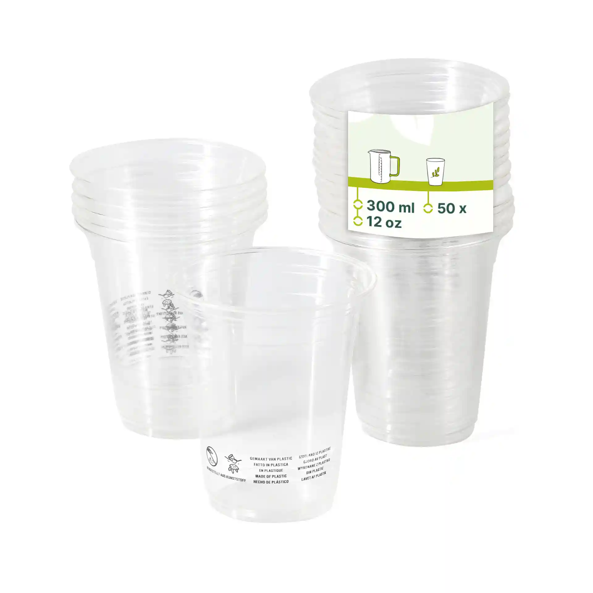 Heldere PLA-plastic bekers gestapeld, elk met een inhoud van 300 ml, met labels aan de zijkant.