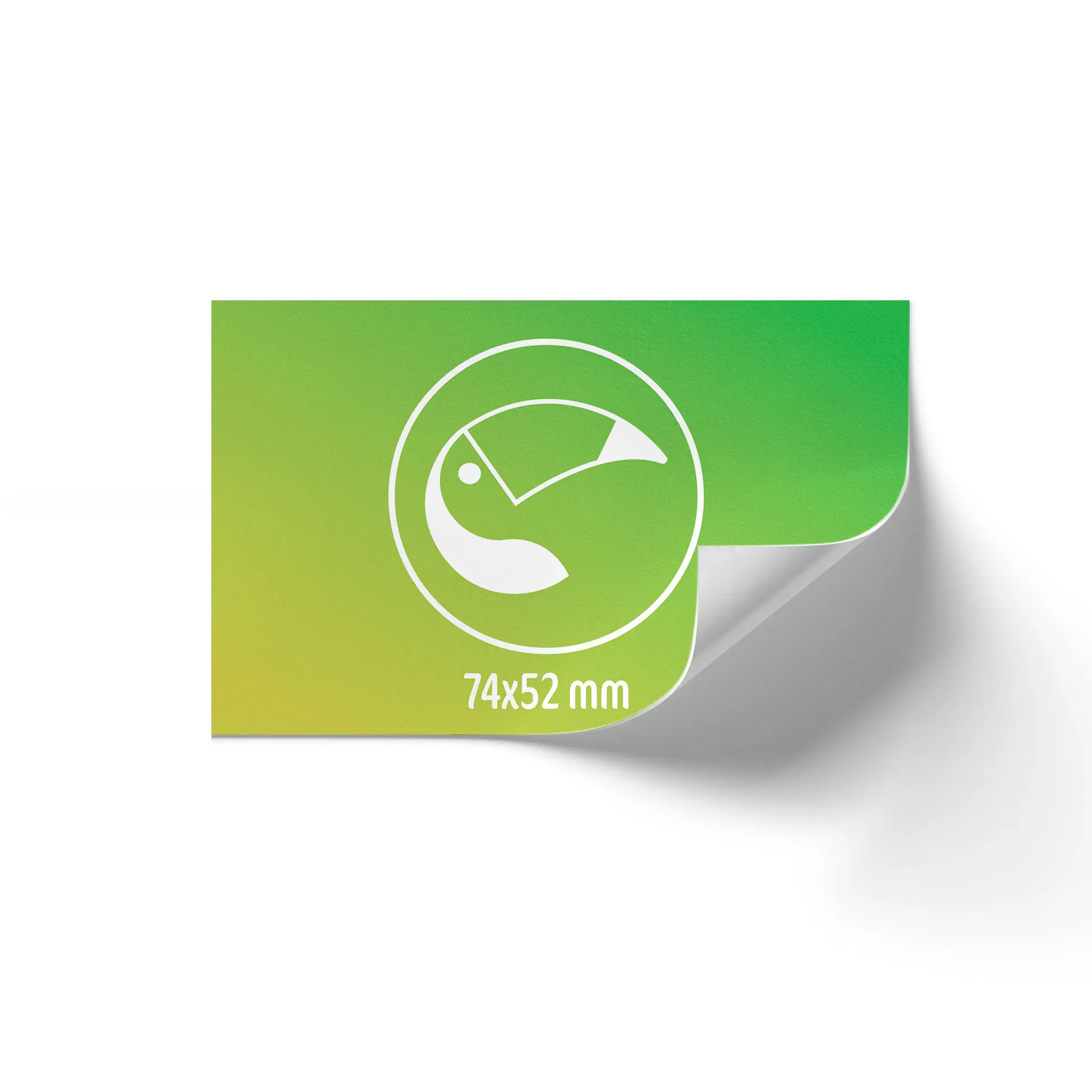 Aangepaste afgedrukte etiketrol in groene gradient met afgeronde hoeken, met afmetingen 74x52 mm en grafisch ontwerp.