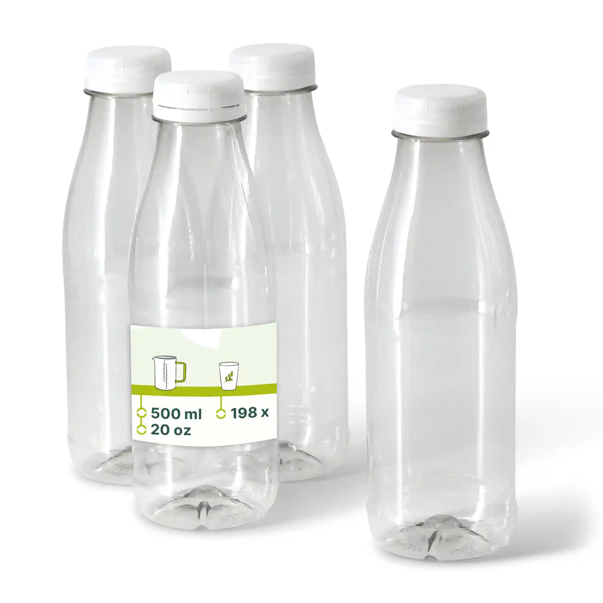 Vier heldere rPET-flessen met witte deksels, elk 500 ml, op een effen achtergrond.