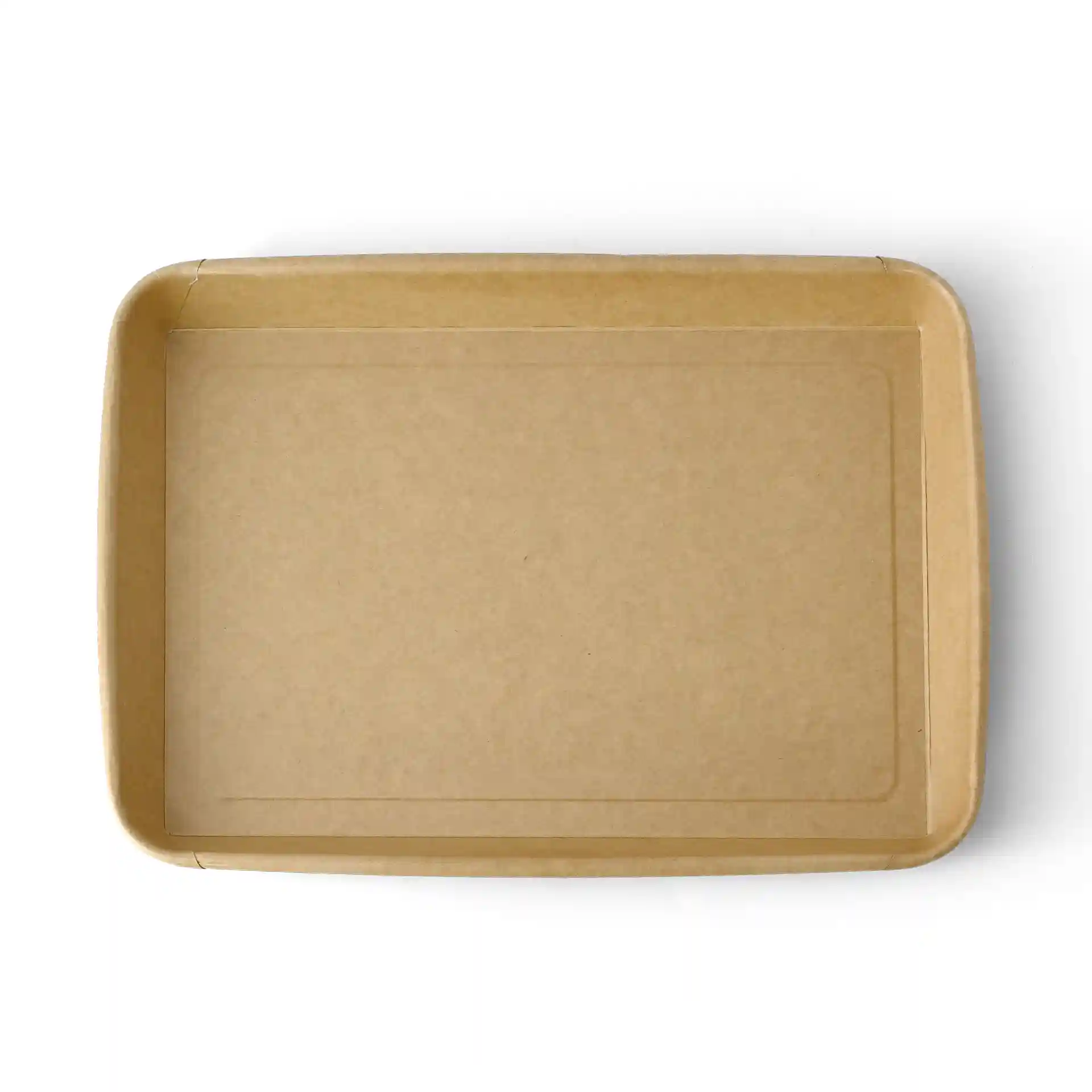 Bruine rechthoekige schaal met PE-gecoate oppervlakte, 25,5 x 18 x 3 cm groot.