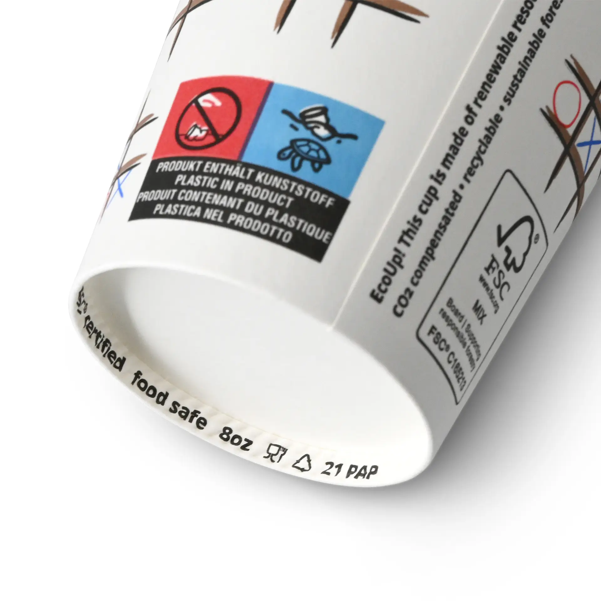Bedrukte kartonnen beker "Tic Tac Toe" (gecoat) 200 ml / 8 oz, Ø 80 mm, wit