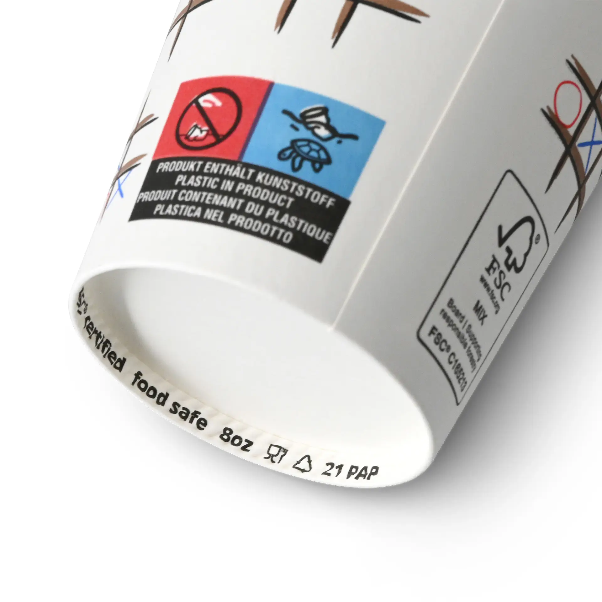 Ronde papieren beker met bedrukt Tic Tac Toe-ontwerp, 8 oz capaciteit, gemaakt van karton, met verschillende symbolen en labels.
