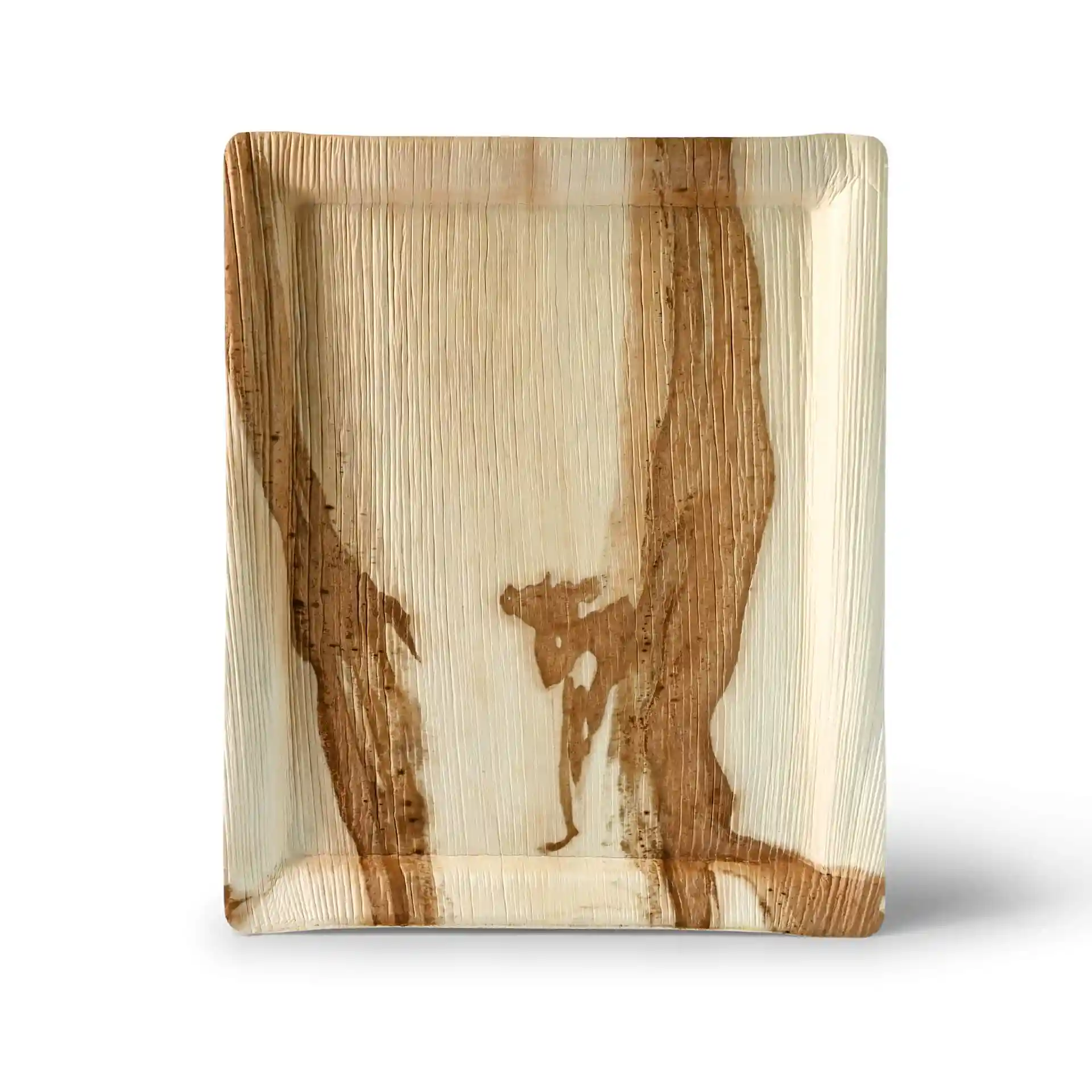 Rechthoekig palmblad dienblad met een natuurlijk bruin patroon, 32,5 x 26,5 cm en 2,5 cm hoog.