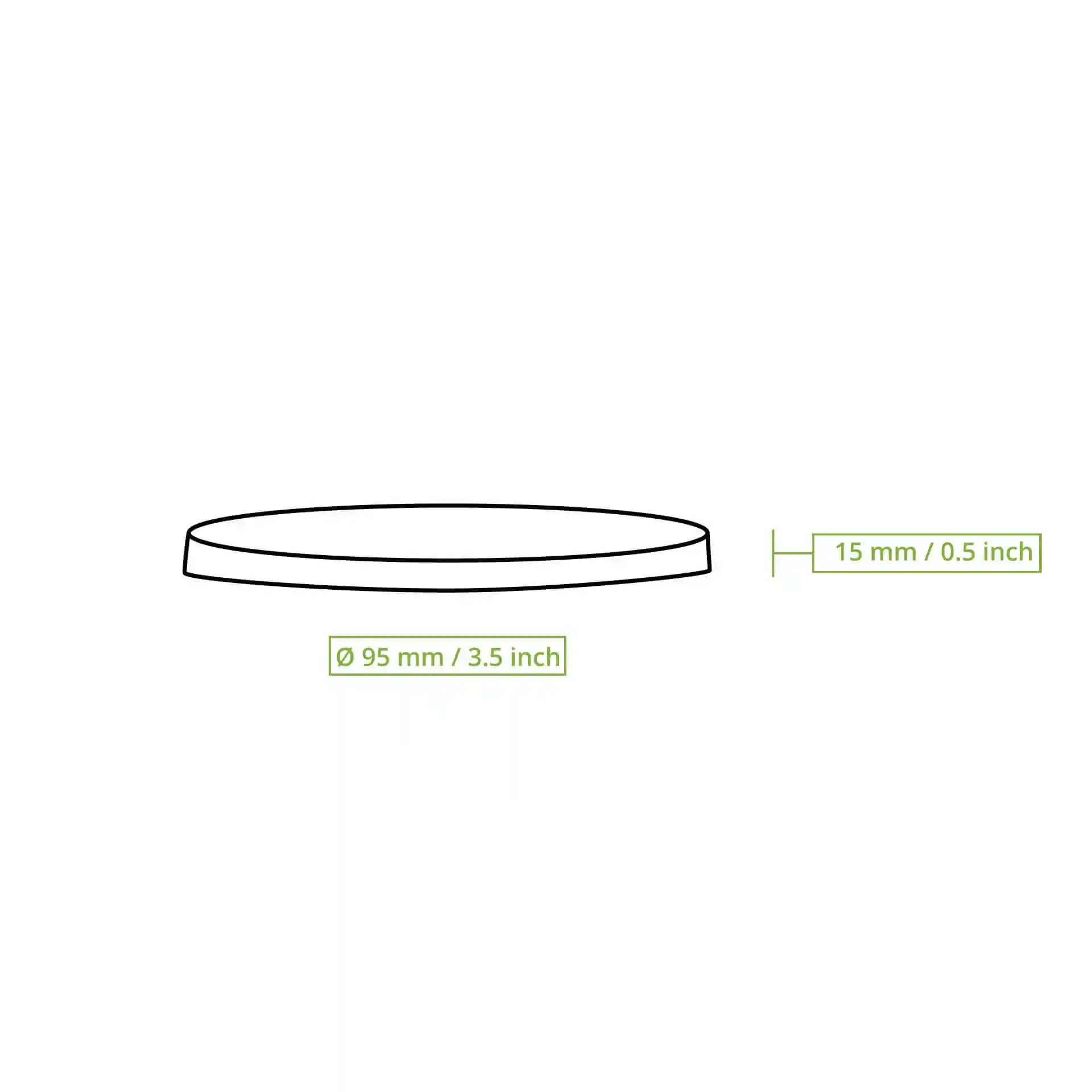 Schematische tekening van een ronde herbruikbare deksel met een diameter van 95 mm en een hoogte van 15 mm.