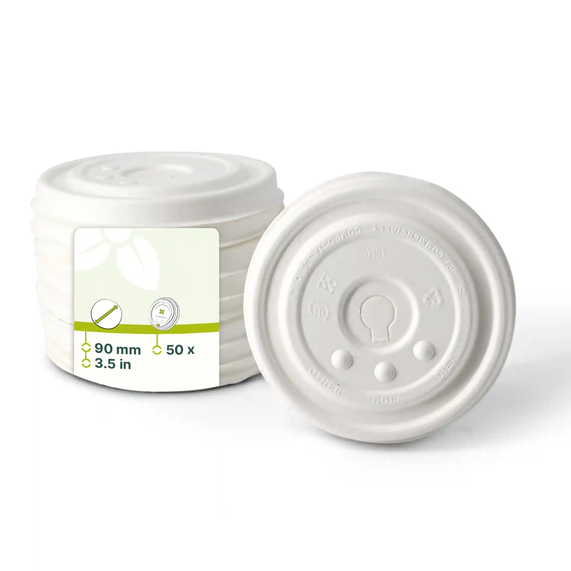 Witte kartonnen platte deksels met een diameter van 90 mm, gestapeld met een label met productdetails.