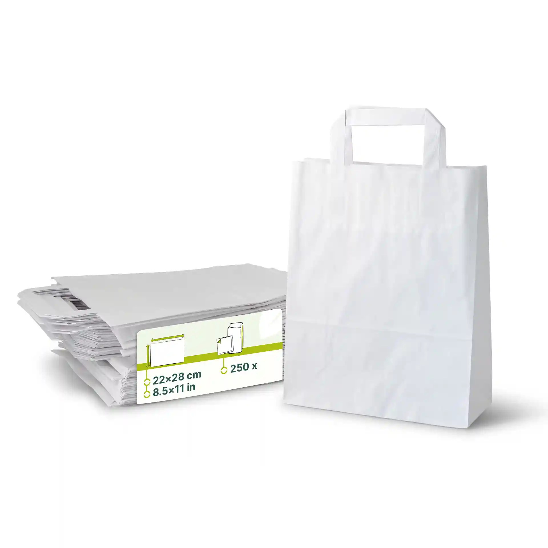 Witte kraftpapier draagtas met een platte handgreep, naast een stapel soortgelijke tassen.