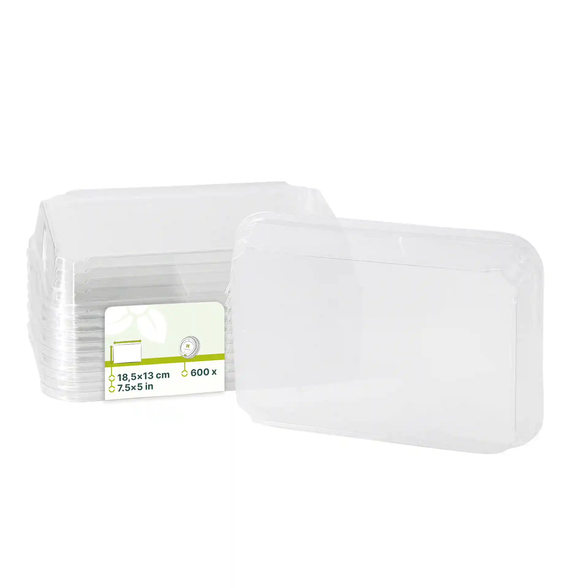 Transparante PET-deksels voor sushi-dozen, 18,5 x 13 cm, gestapeld met een label met afmetingen.