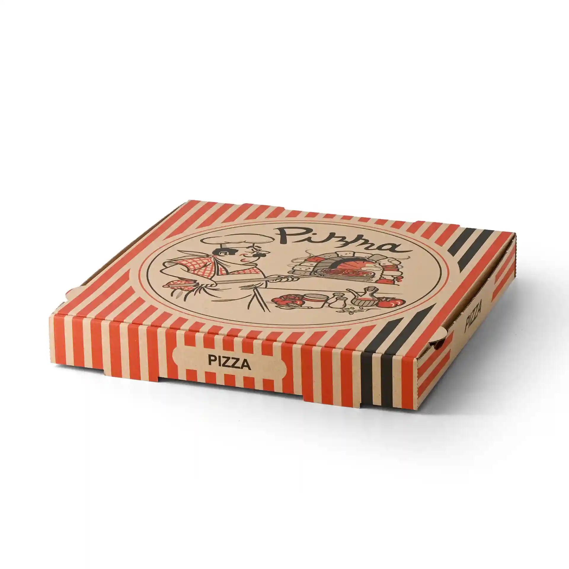 Pizzadoos met een pizzakok ontwerp, bruin met rode en zwarte strepen, 30 x 30 x 4 cm groot.