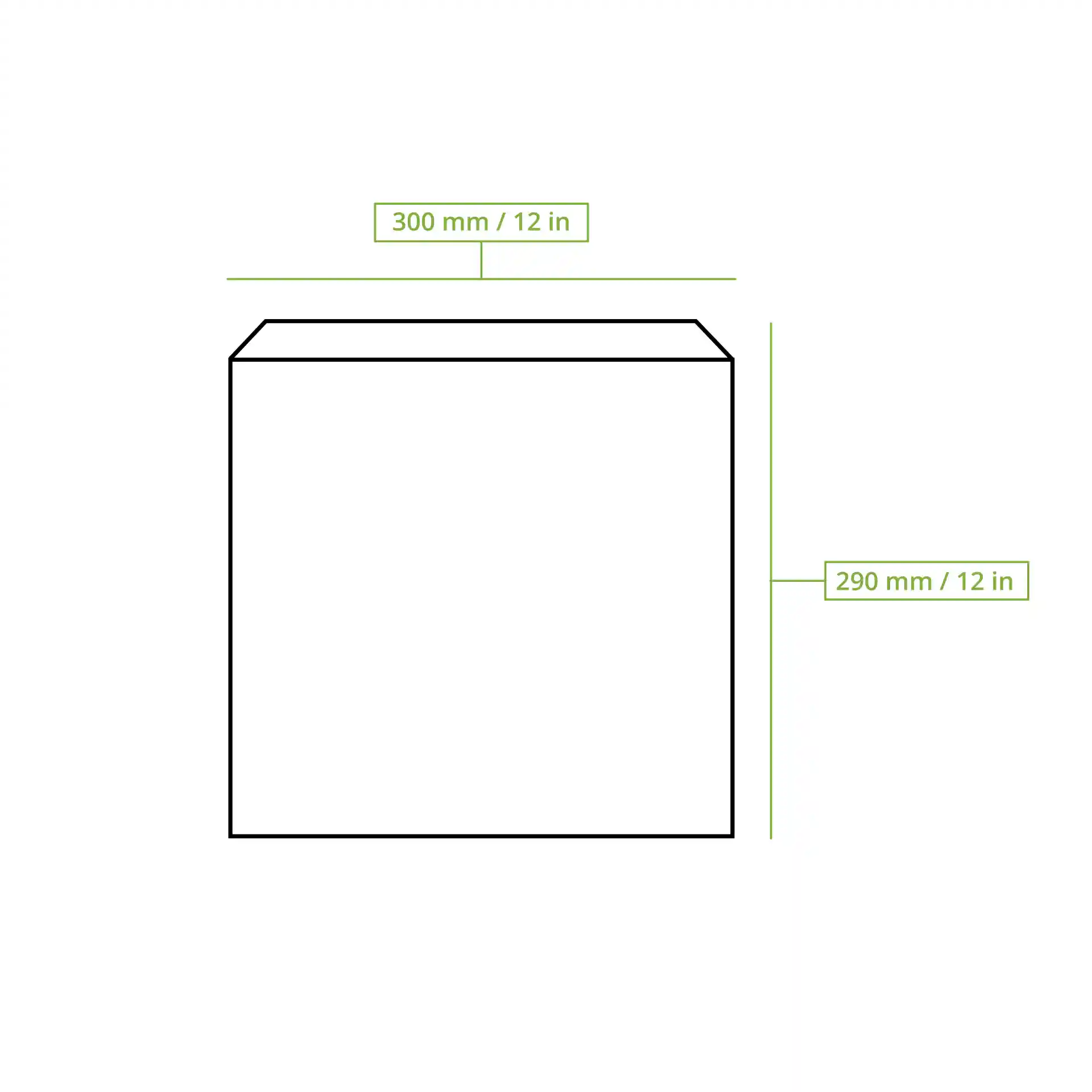 Schematische tekening van een platte papieren tas met afmetingen van 300 mm bij 290 mm, weergegeven met meetlijnen.