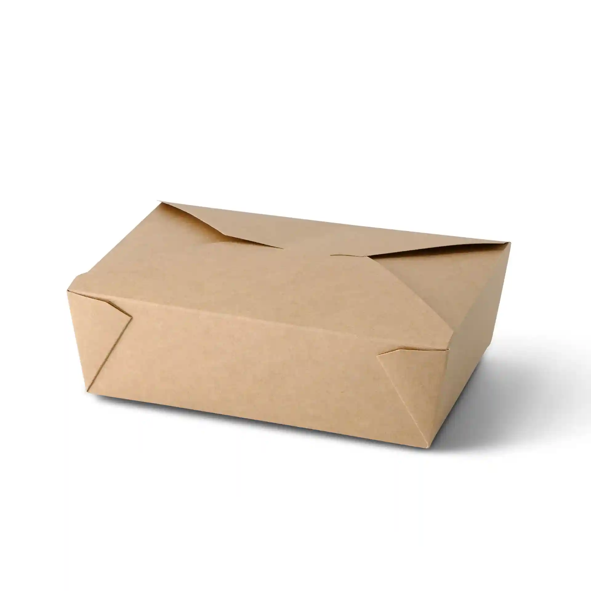 Bruine rechthoekige kartonnen takeaway-container met een inhoud van 1500 ml en een gevouwen deksel.