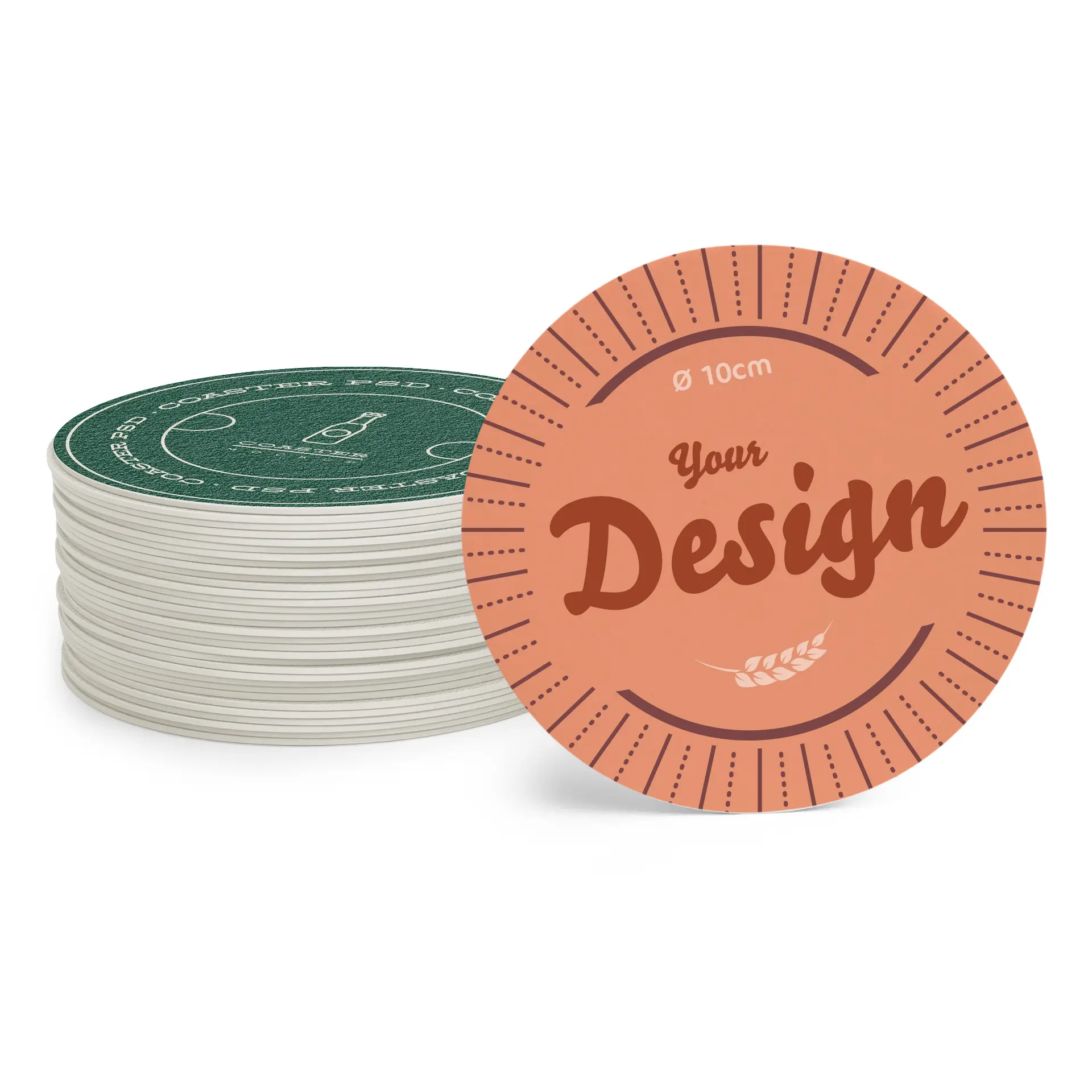 Stapel bedrukte bierviltjes met een 10 cm rond ontwerp en aanpasbare bedrukking op een perzikhuid achtergrond.