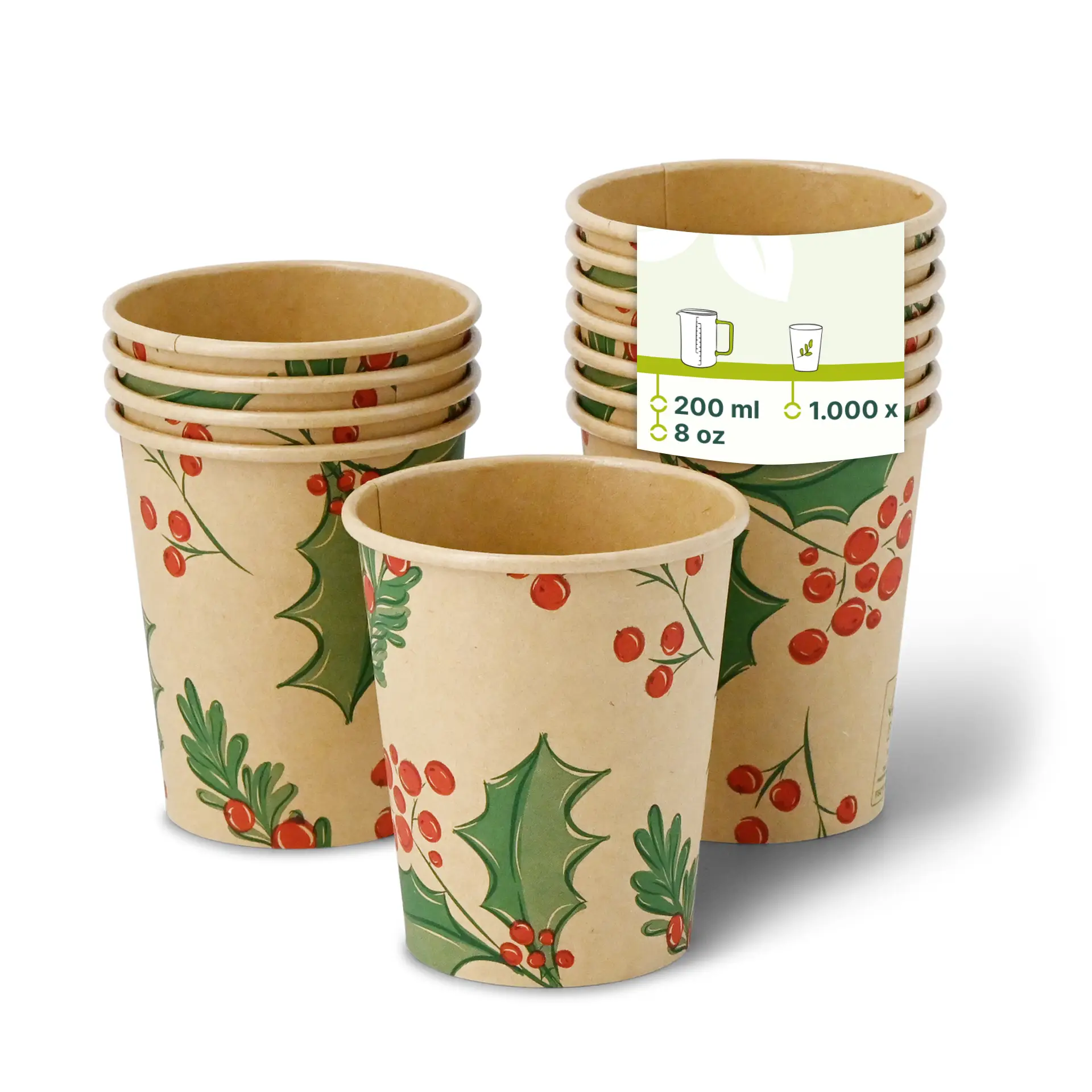 Kartonnen bekers winter "Takjes" 200 ml / 8 oz, Ø 80 mm, ongebleekt