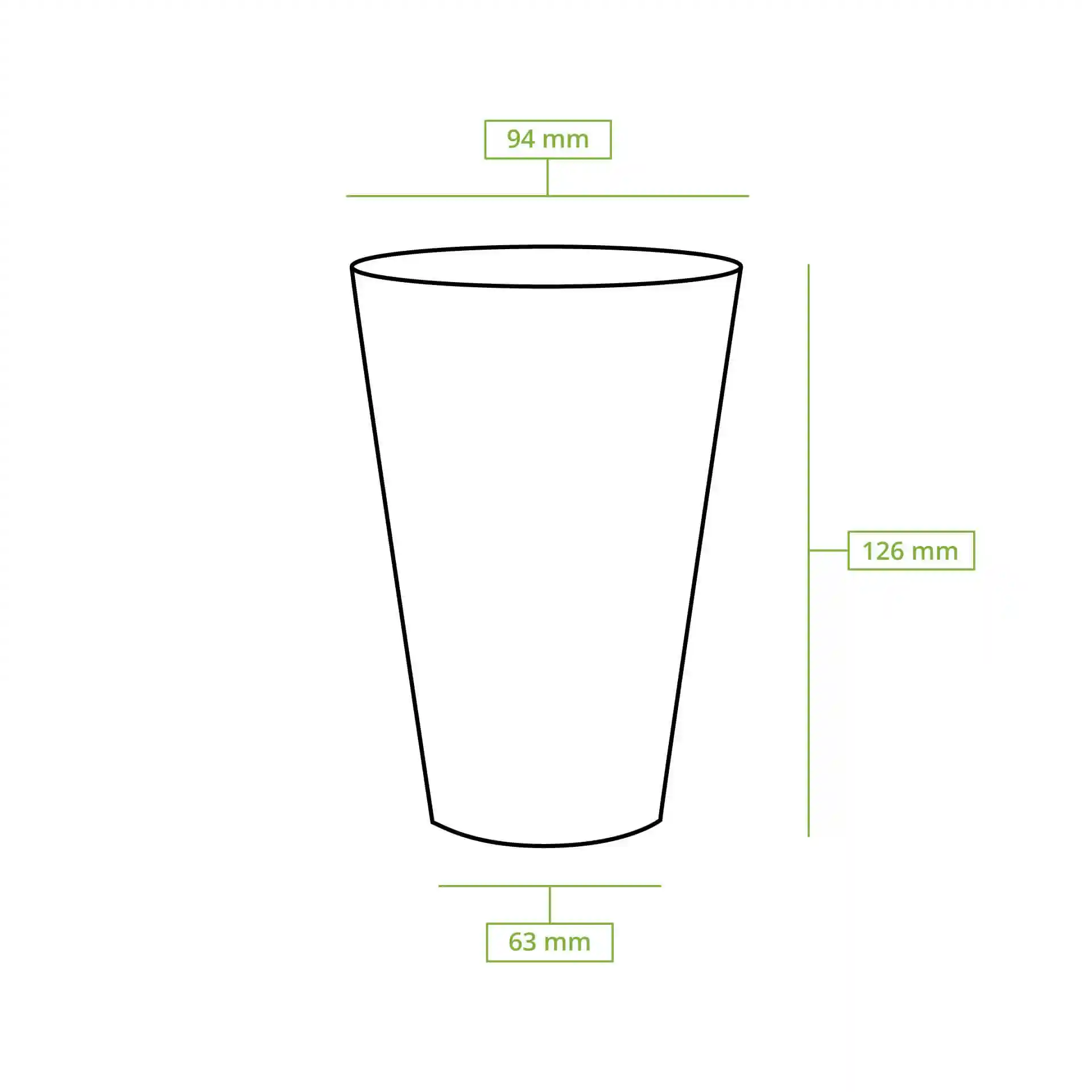 Schematische tekening van een plastic beker met afmetingen: hoogte 126 mm, bovenste diameter 95 mm, onderste diameter 63 mm.