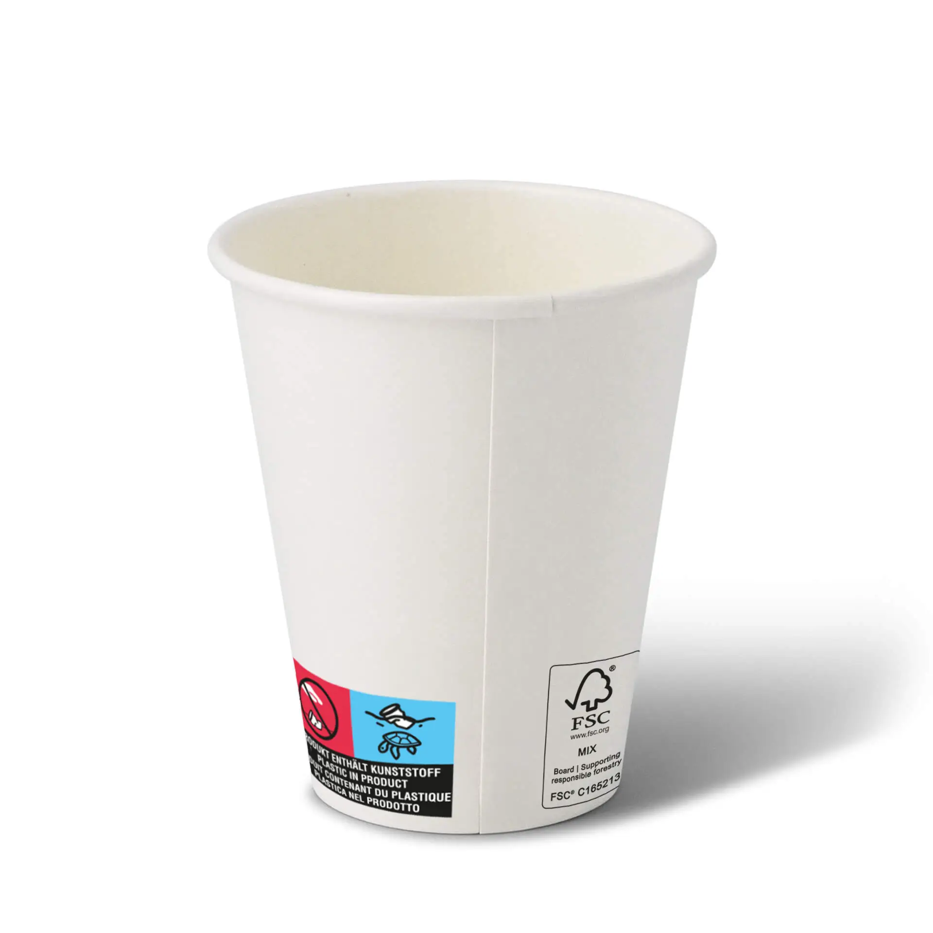Witte papieren beker met ronde vorm, 10 oz capaciteit en zichtbare blauwe en zwarte labels aan de zijkant.