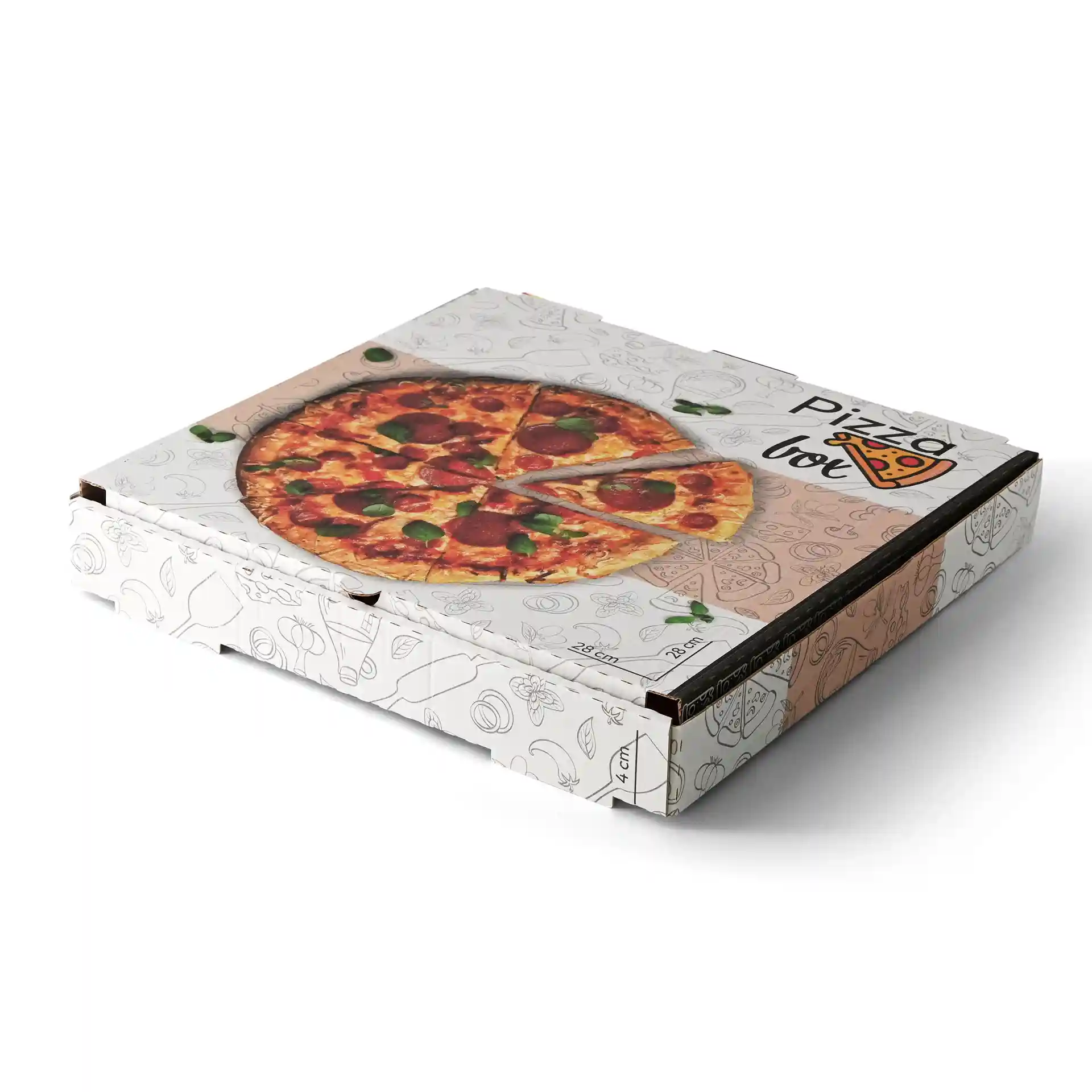 Pizzadoos met een gedrukt ontwerp, 28 x 28 x 4 cm, met een afbeelding van een pizza bovenop.