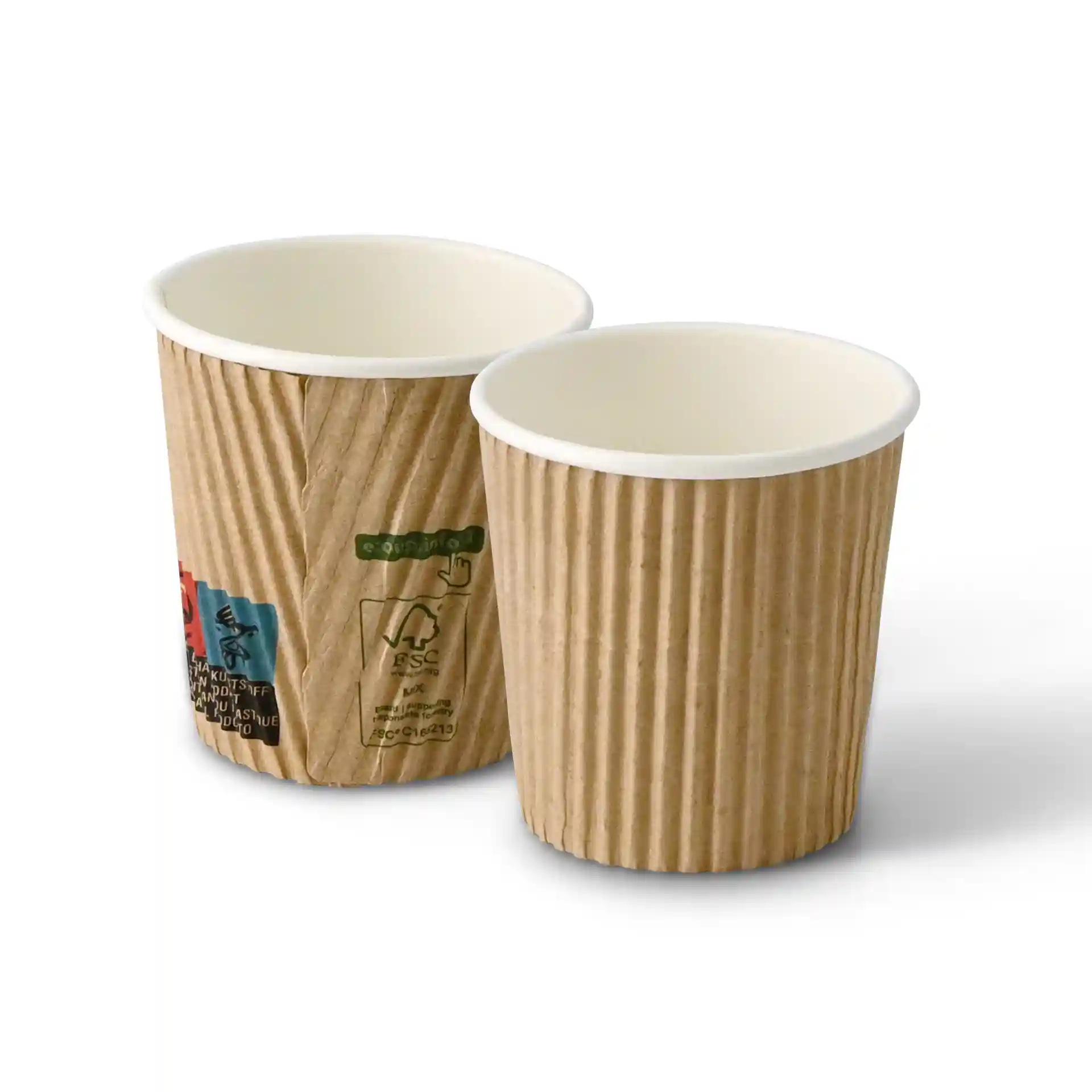 Twee 4 oz ribbelbekers met een bruine buitenkant en een witte binnenkant, de een iets achter de ander.
